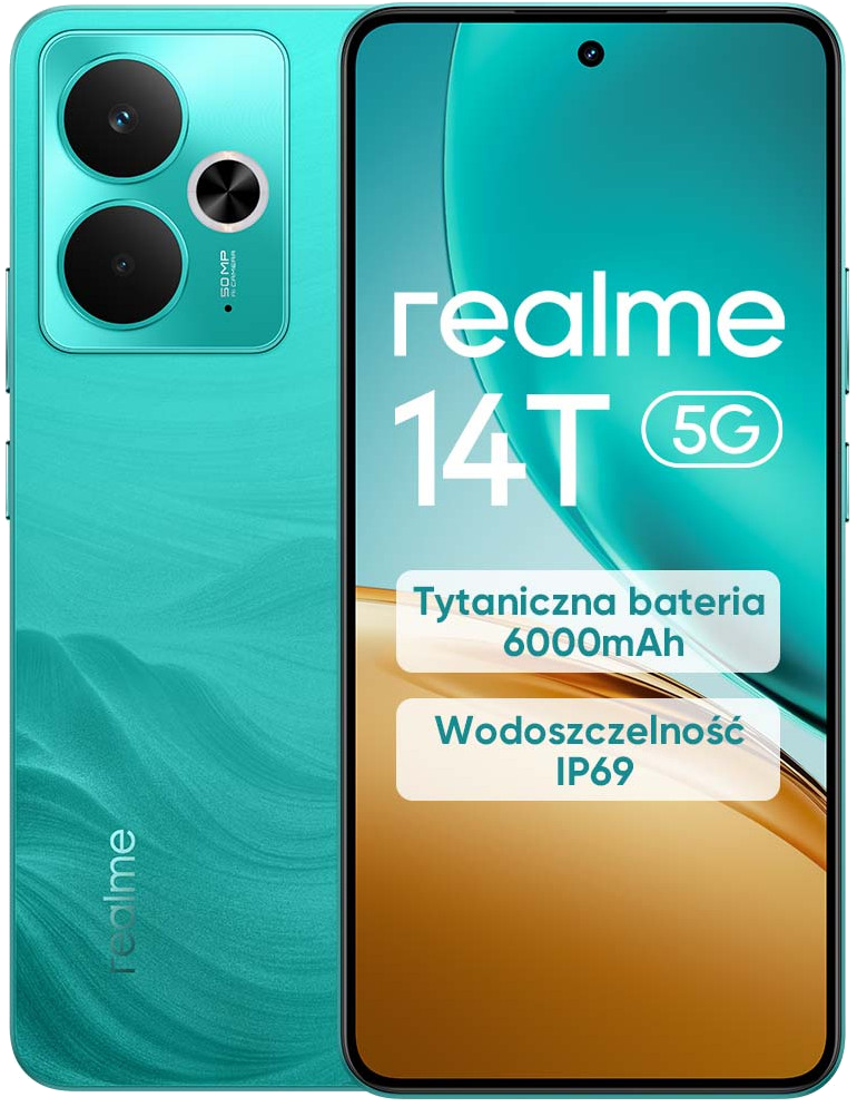 Turkusowy smartfon z aparatem i tekstem: realme 14T 5G, bateria 6000mAh i IP69.