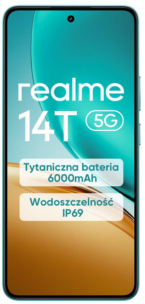 Telefon Realme 14T 5G, kolor turkusowy, z tekstem na ekranie i białymi polami.