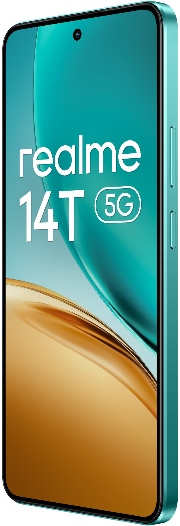 Telefon Realme 14T 5G, turkusowy, ze złotym tłem. Telefon jest ustawiony po przekątnej.