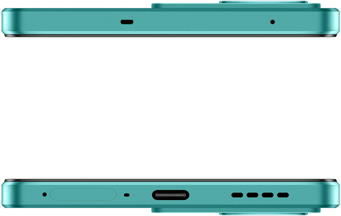 Widok z góry i z dołu turkusowego smartfona. Góra: mikrofon, głośnik. Dół: port, otwory.