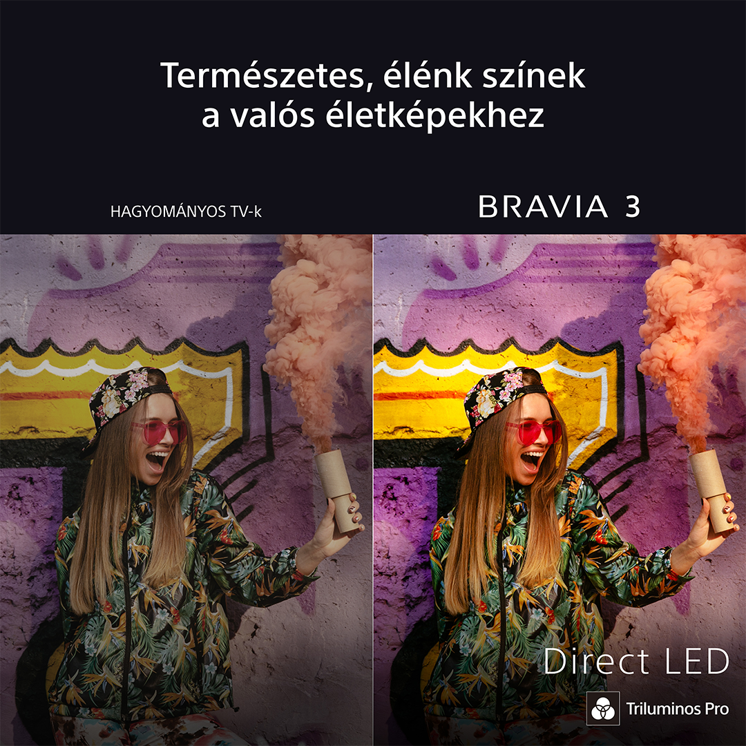 Két kép egymás mellett. A bal oldalon egy régebbi TV, a jobb oldalon egy új TV élénk színekkel. Egy nő füstöt tart.