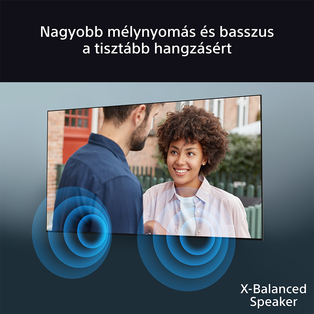 A képen egy TV látható, két emberrel a képernyőn. Kék hangszóró hullám grafika fedi a képernyőt. A szöveg: X-Balanced Speaker.