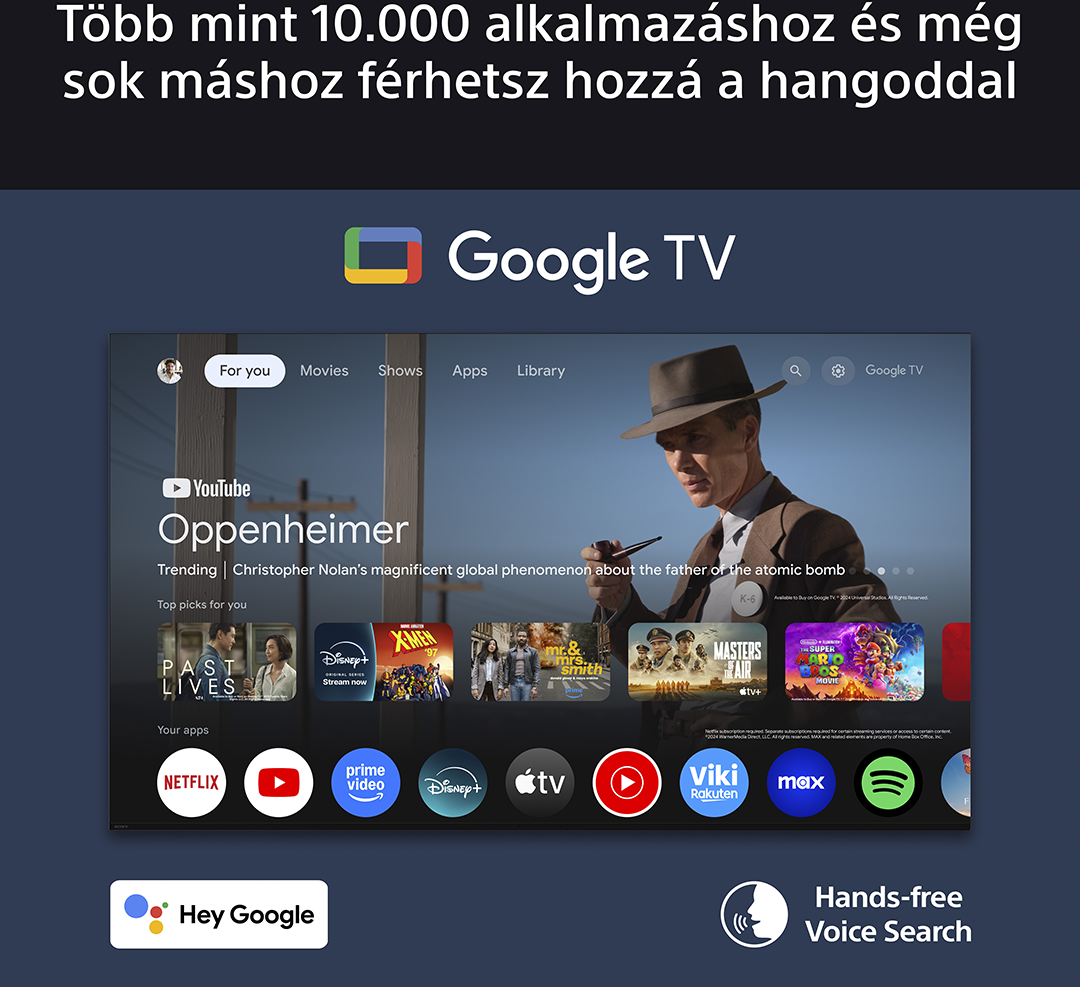TV képernyő, tartalommal, Google TV felület alkalmazásokkal, és egy férfi a képernyőn.