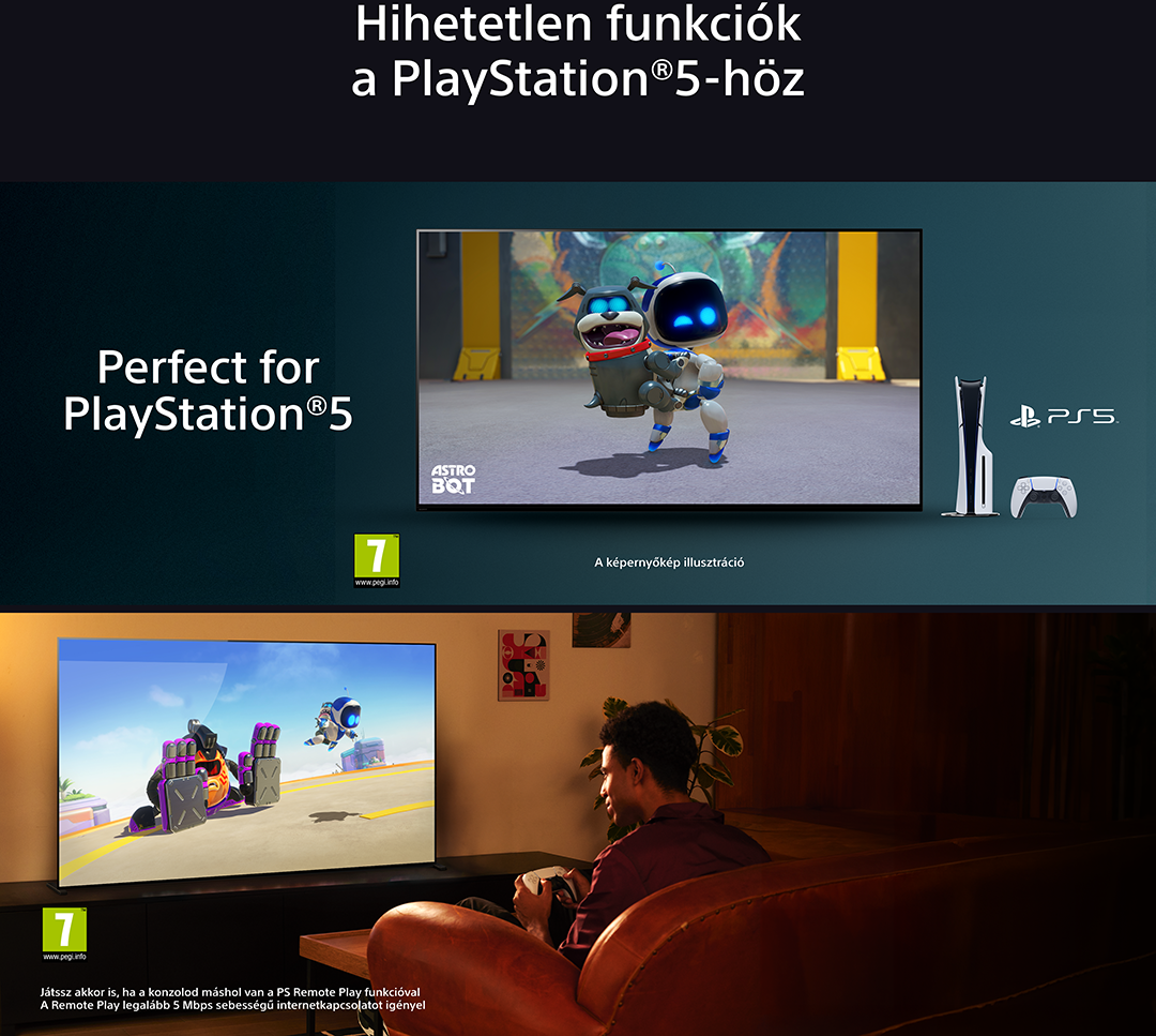 A PlayStation 5 promóciós képe. Tartalmaz egy TV képernyőt, PS5 konzolt és kontrollert.