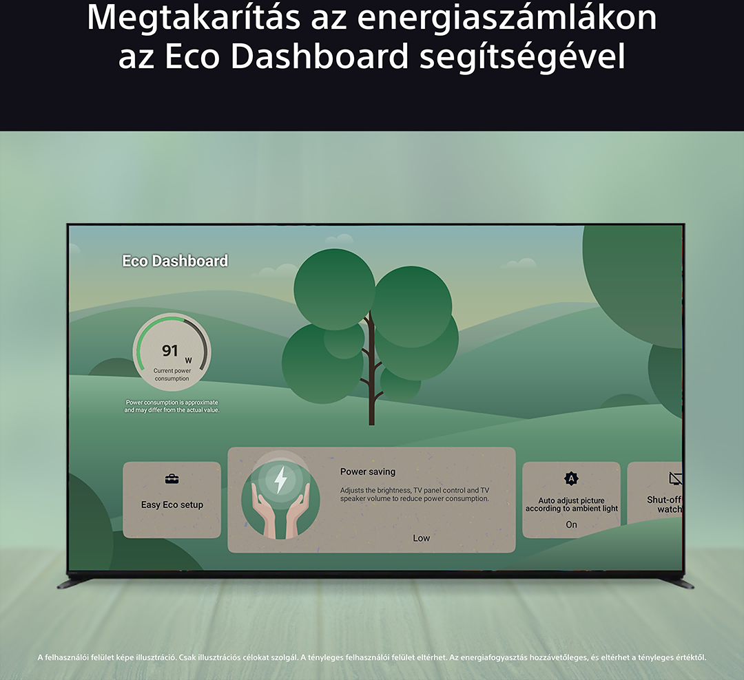 TV képernyő, Eco Dashboard-ot mutat egy fa illusztrációval és energiatakarékos opciókkal.