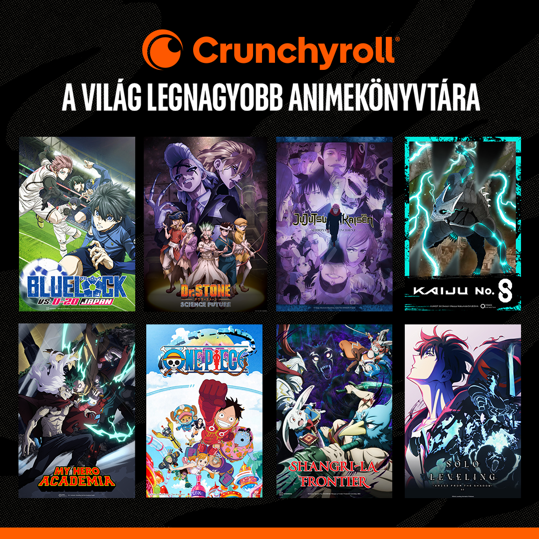 Egy színes reklám a Crunchyrollnak, amely különböző anime sorozat borítókat mutat be.