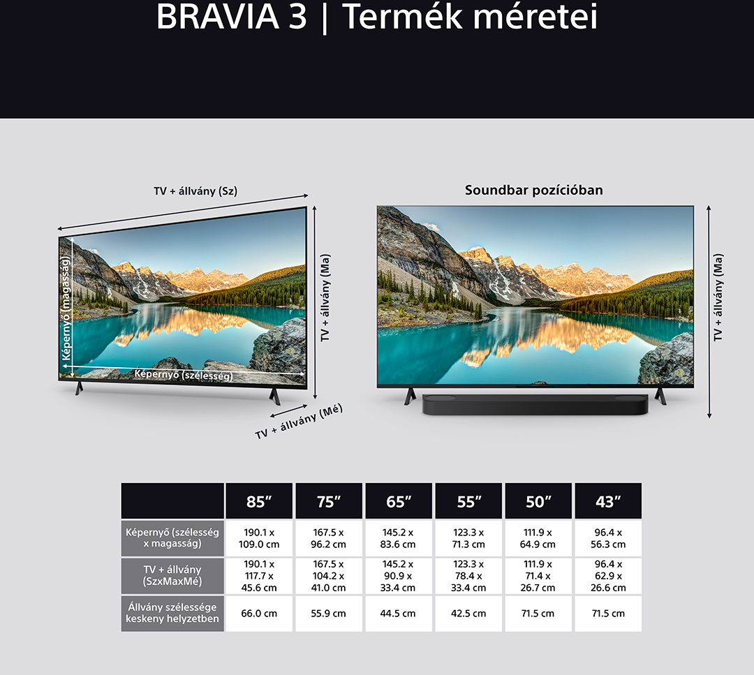 A kép TV méreteket és méreteket mutat. Egy TV egy tó jelenettel, alatta egy soundbarral.