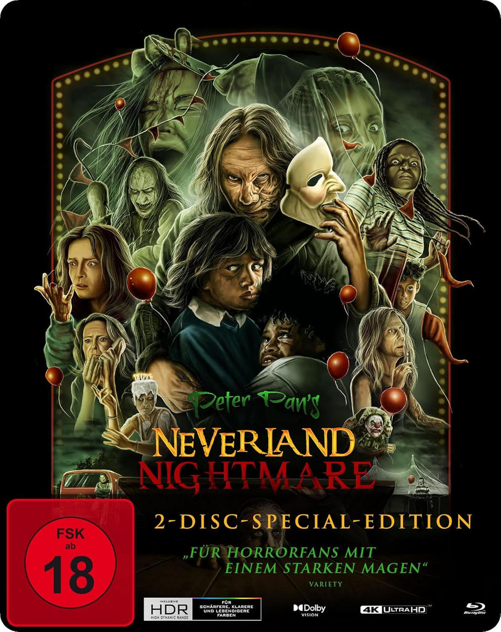 Peter Pans Neverland Nightmare DVD-Cover. Mehrere Figuren in dunkler Umgebung.