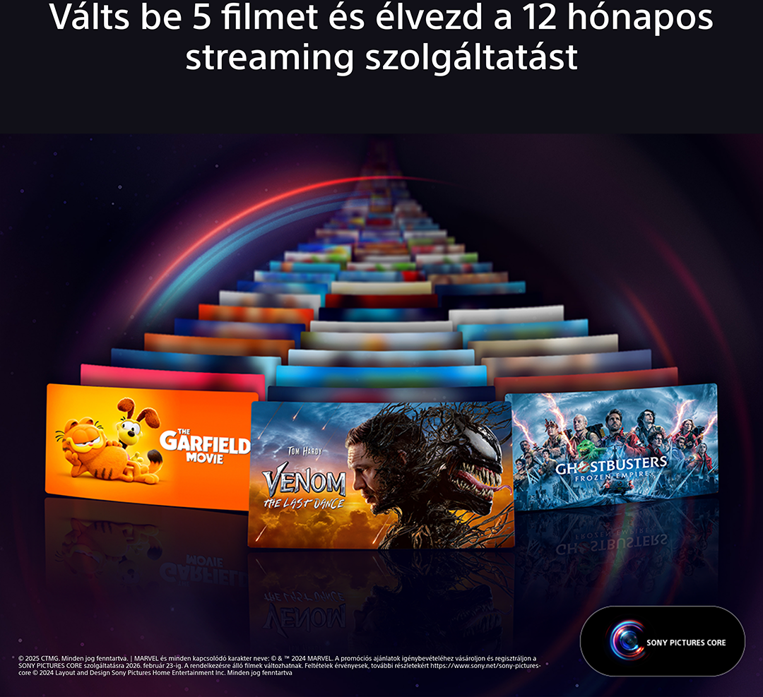 Színes filmképek lila háttéren, alul a Sony logóval.