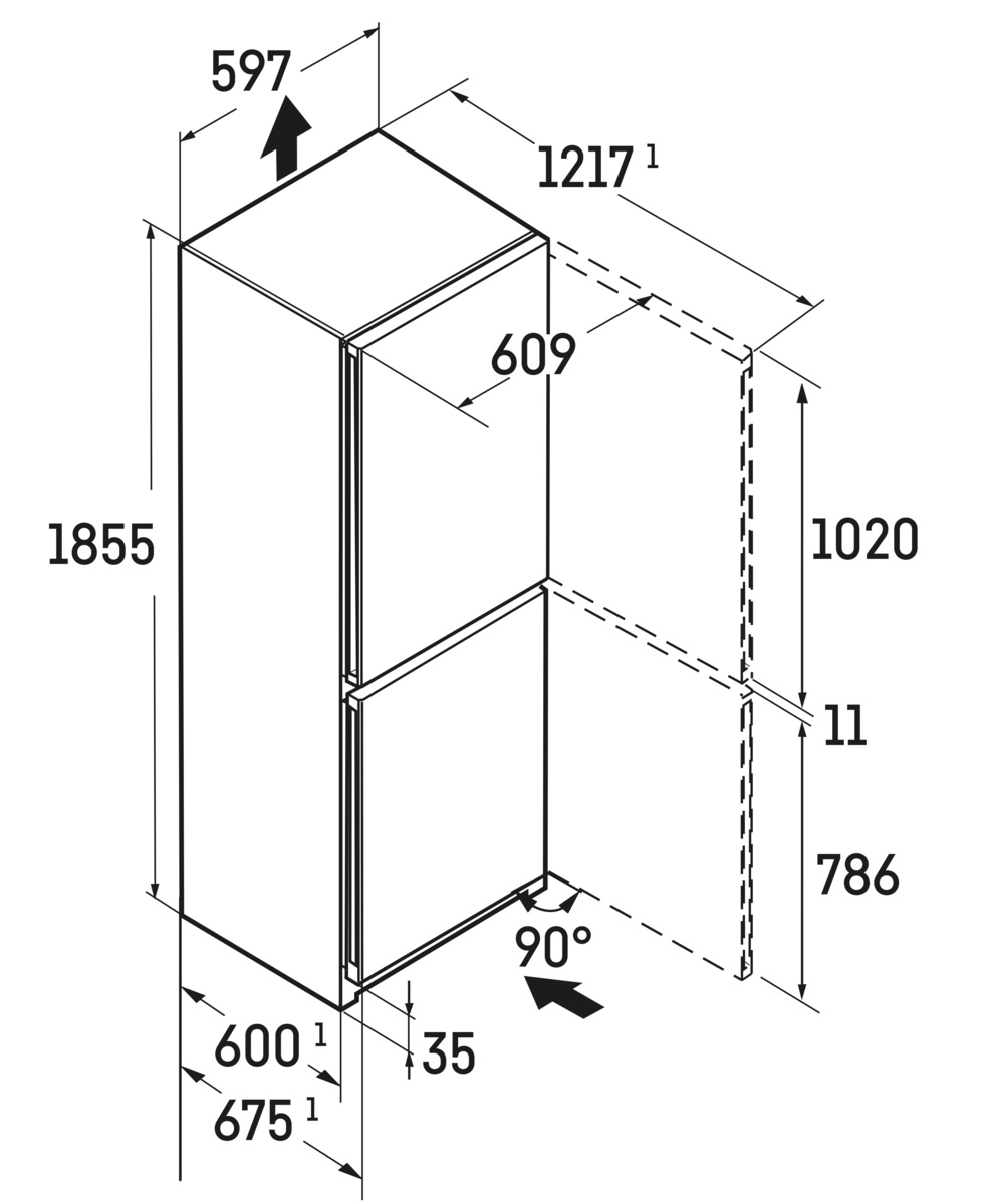 Diagramm eines Kühlschranks, das Abmessungen und Öffnungsrichtungen zeigt. Die Tür öffnet sich um 90 Grad.