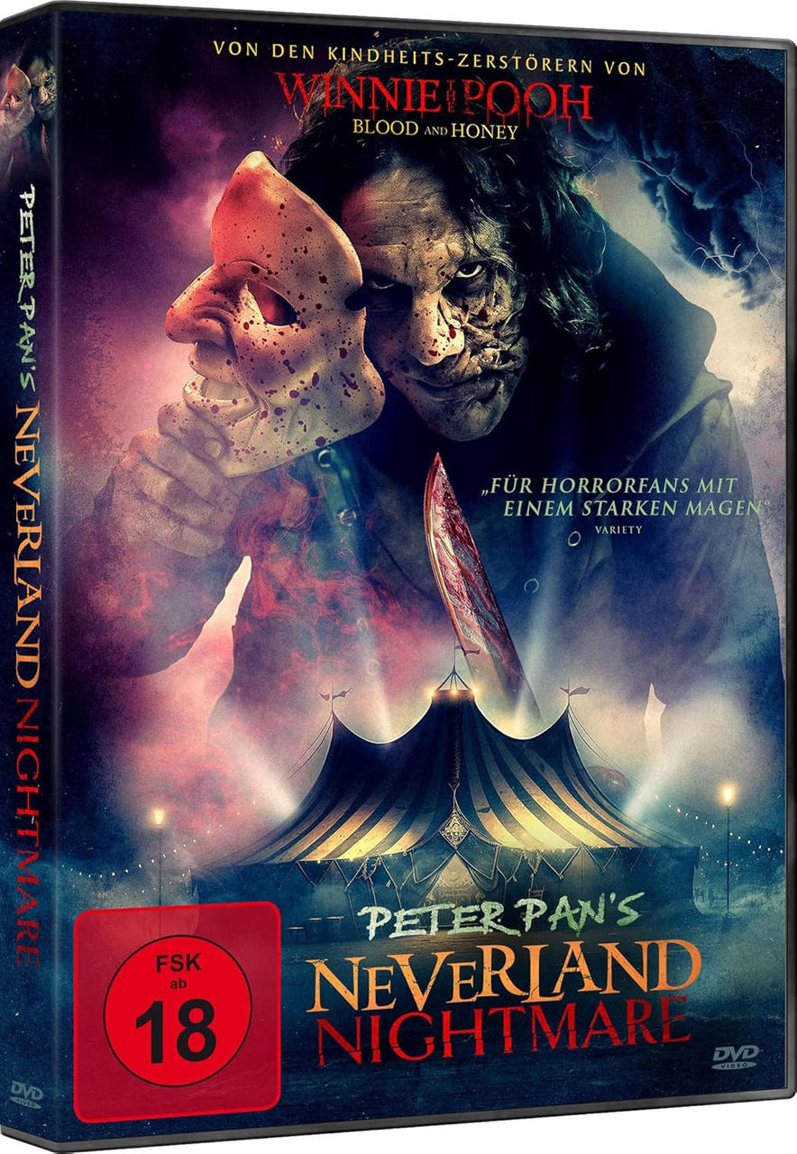 DVD-Cover, Horrorfilm. Person mit Maske und Messer. Text: Peter Pan's Neverland Nightmare.