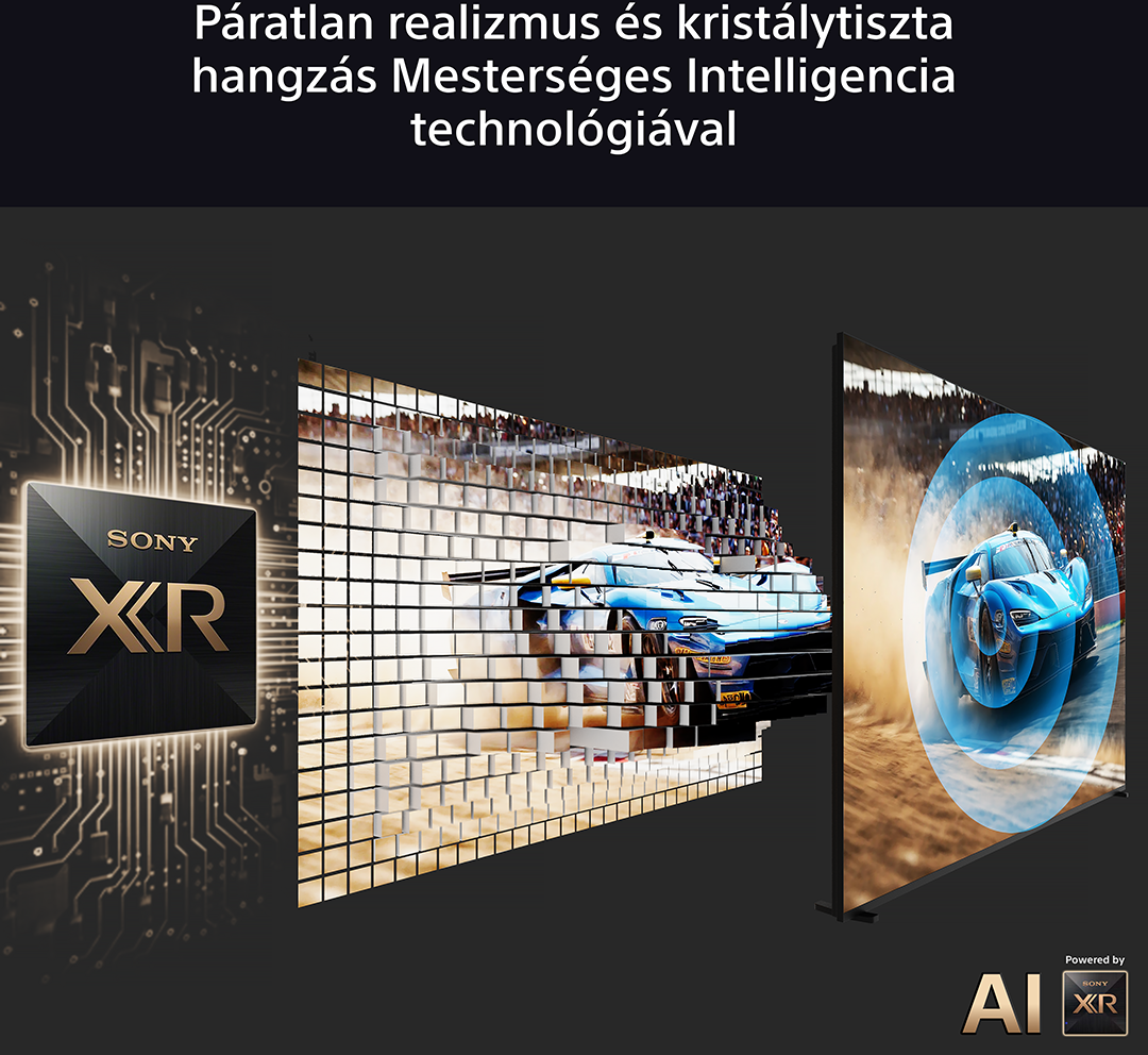 Kép a Sony XR-t reklámozza autóversennyel és AI-alapú képfeldolgozással.