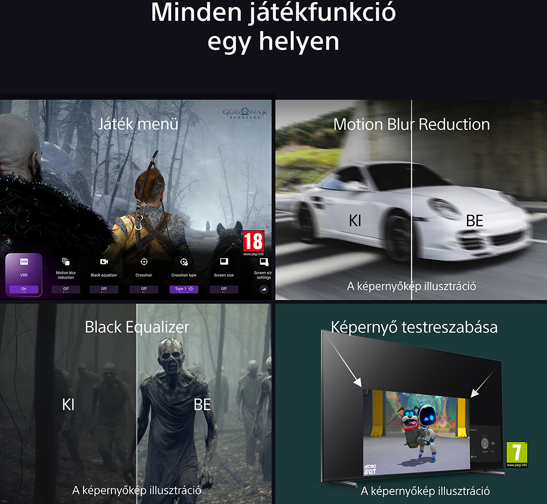A képernyő játékbeállításokat mutat. Mások a homálycsökkentést, fekete equalizert és képernyőbeállításokat mutatnak.