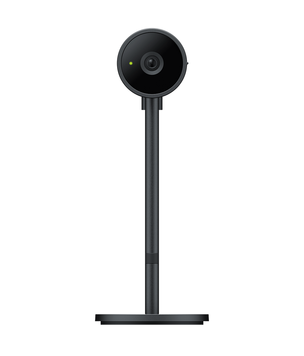 Czarna kamera internetowa na statywie. Ma obiektyw i zielone światło.