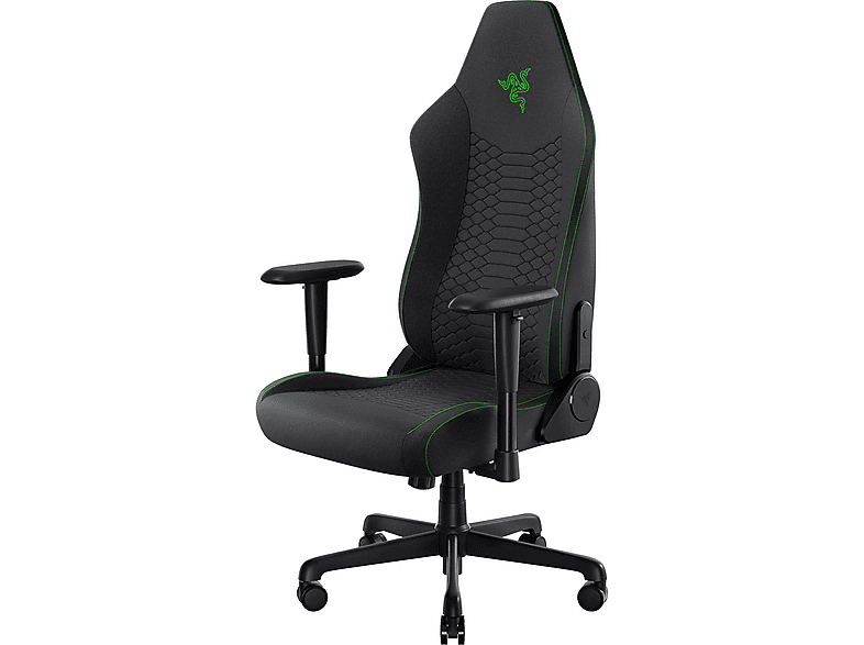 RAZER Iskur V2 X - Gaming-Stuhl mit integrierter Lendenwirbelstütze (hochverdichtete Schaumstoffpolster, 2D-Armlehnen, weicher Stoff) Stoff Schwarz Gaming Stuhl, Schlangenlogo in Razer Green