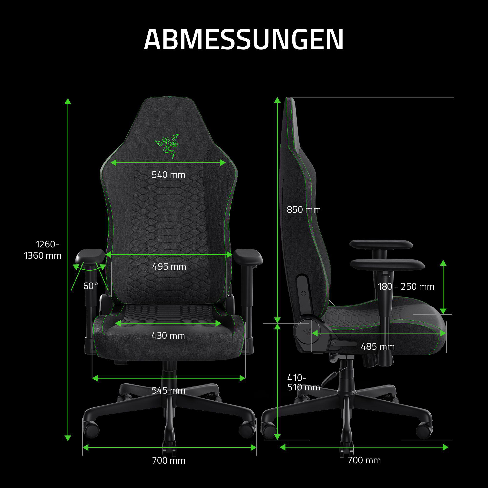Diagramm eines Razer Gaming-Stuhls mit Abmessungen in mm und Winkeln.