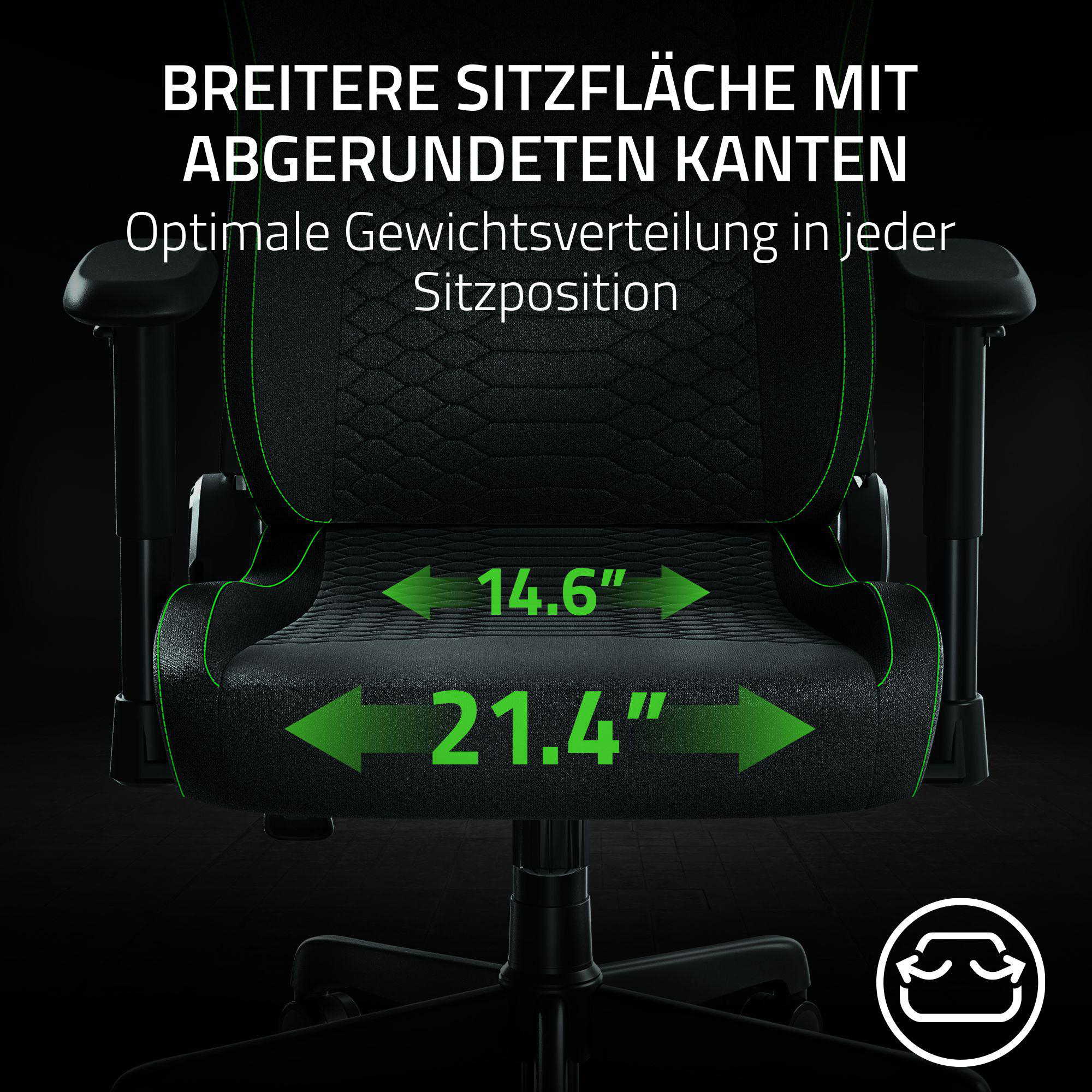 Schwarzer und grüner Gaming-Stuhl mit Text zu Sitzabmessungen. Schwarzer Sitz und Armlehnen mit grünen Akzenten.