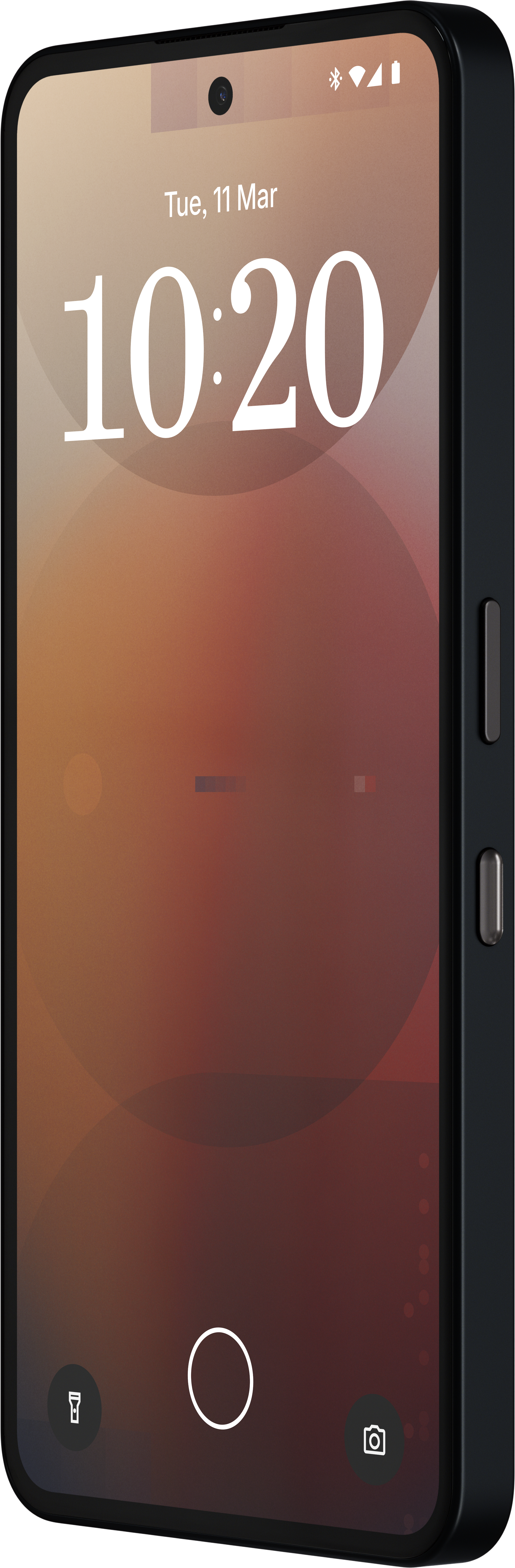 Téléphone noir affiche date et heure. Fond dégradé rouge-brun. Cadre noir. Boutons latéraux et caméra.