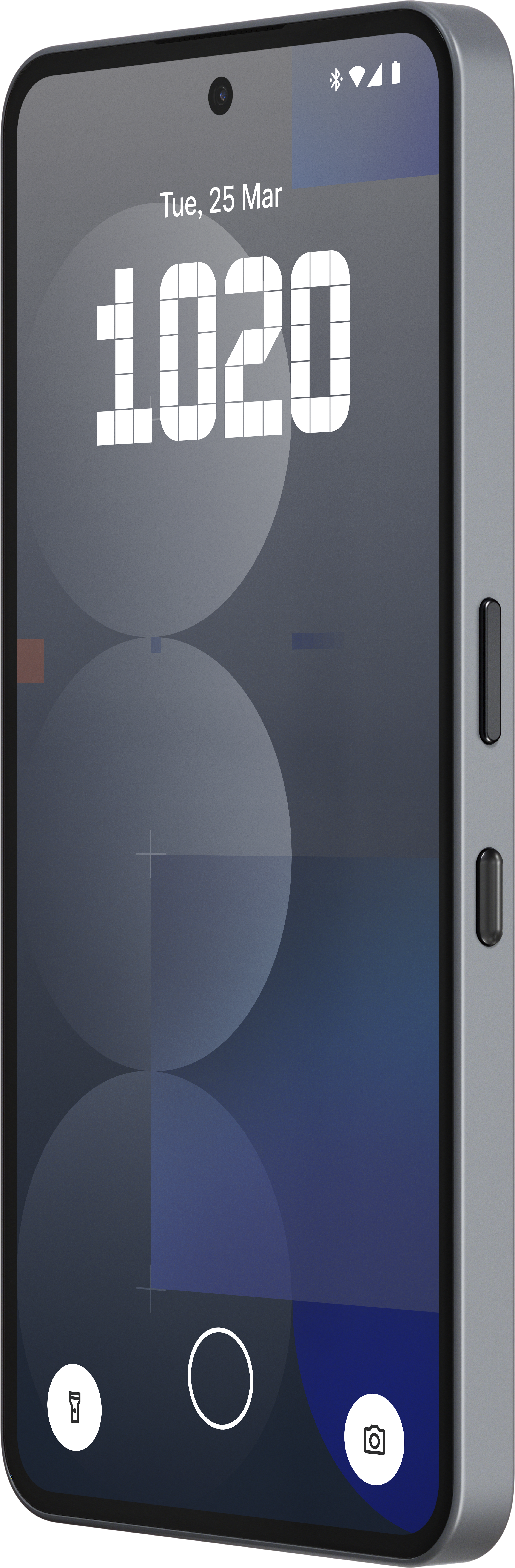 Écran de téléphone affichant l'heure, la date et des éléments d'interface. Coque grise avec boutons latéraux.