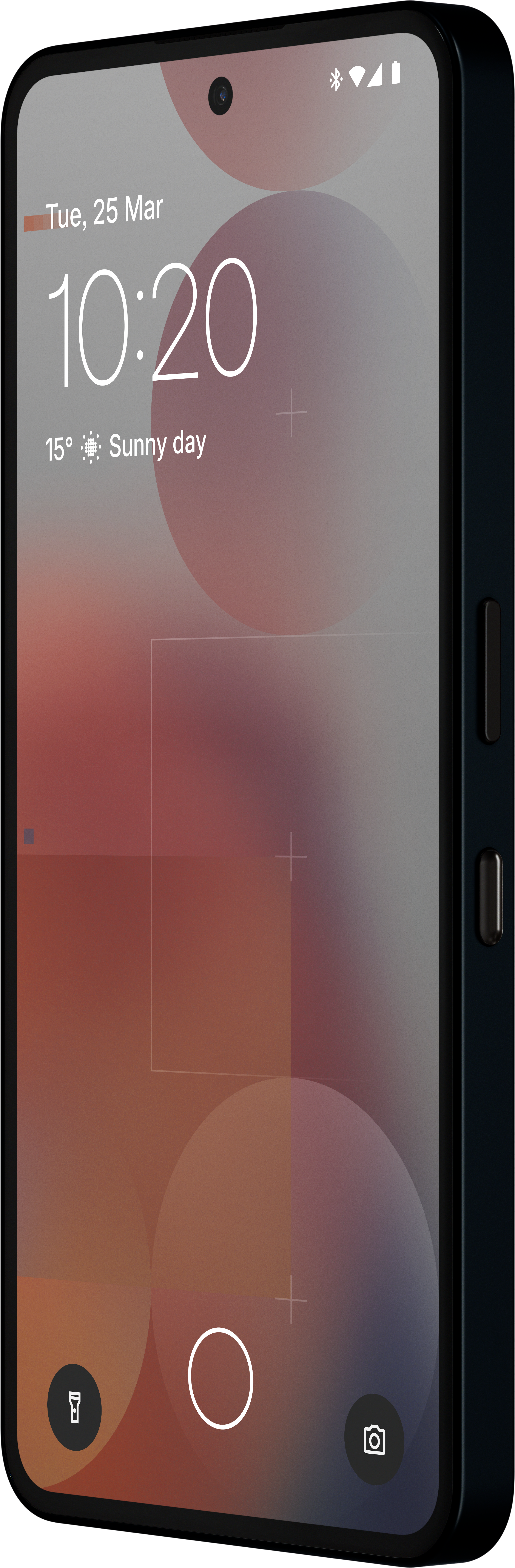 Schwarzes Smartphone mit Uhrzeit, Datum und App-Symbolen auf dem Bildschirm.