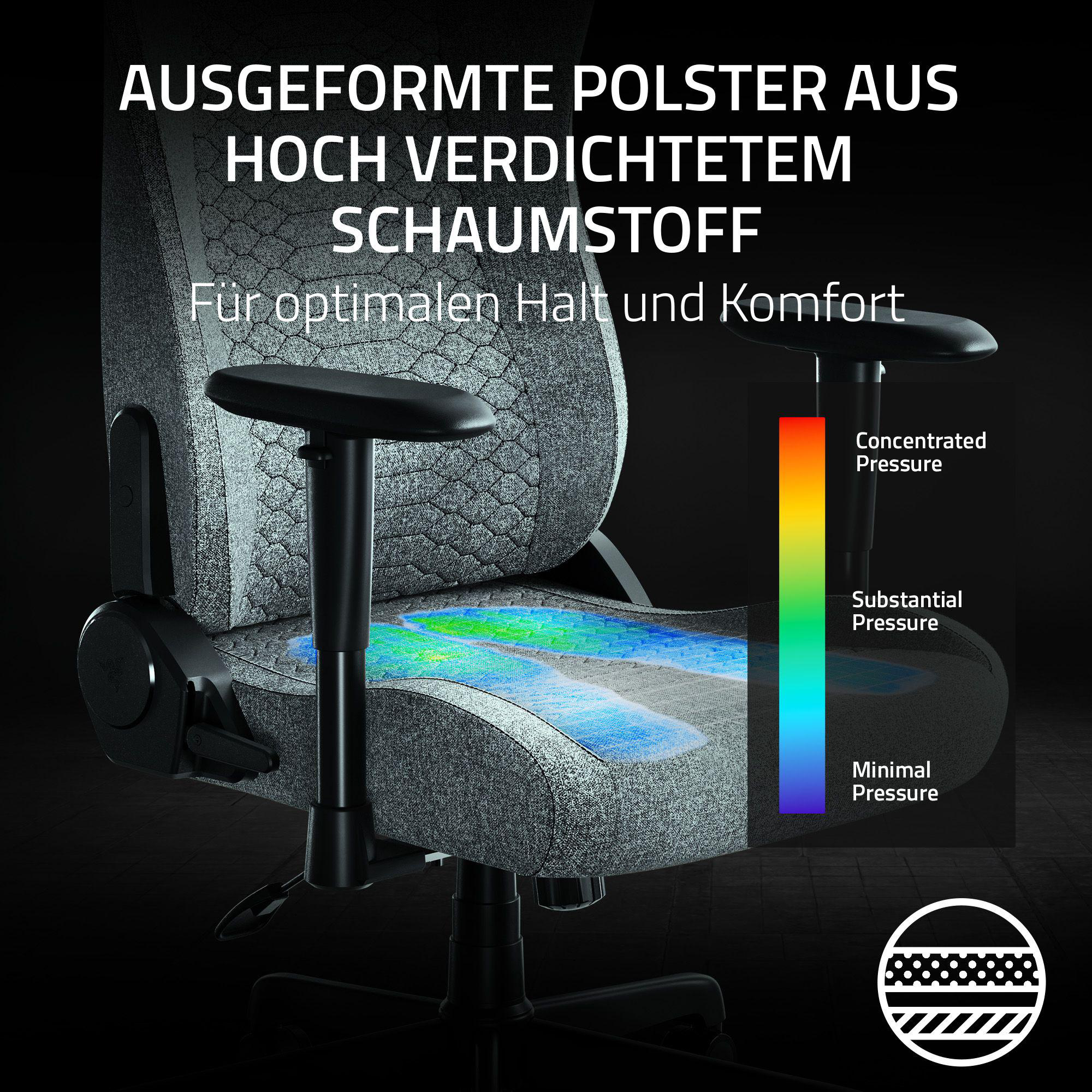 Gaming-Stuhl, Druckverteilungsdiagramm, Text: Ausgeformte Polster aus hoch verdichtetem Schaumstoff.