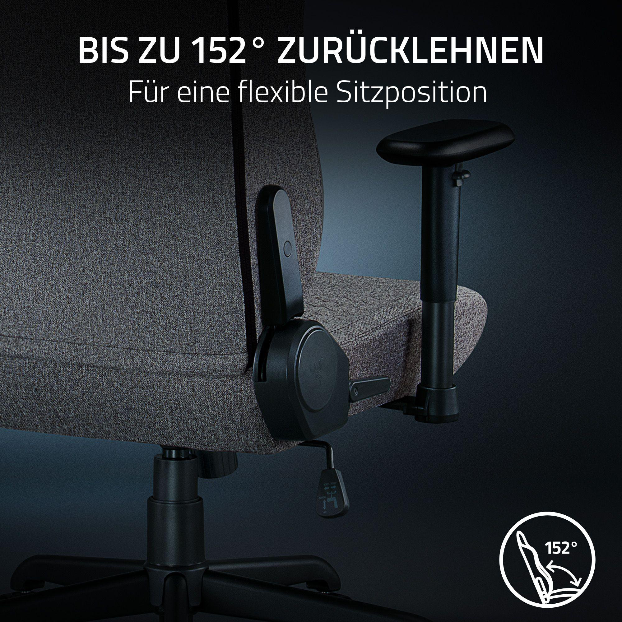 Detailansicht eines Bürostuhls mit Armlehne und Hebel.