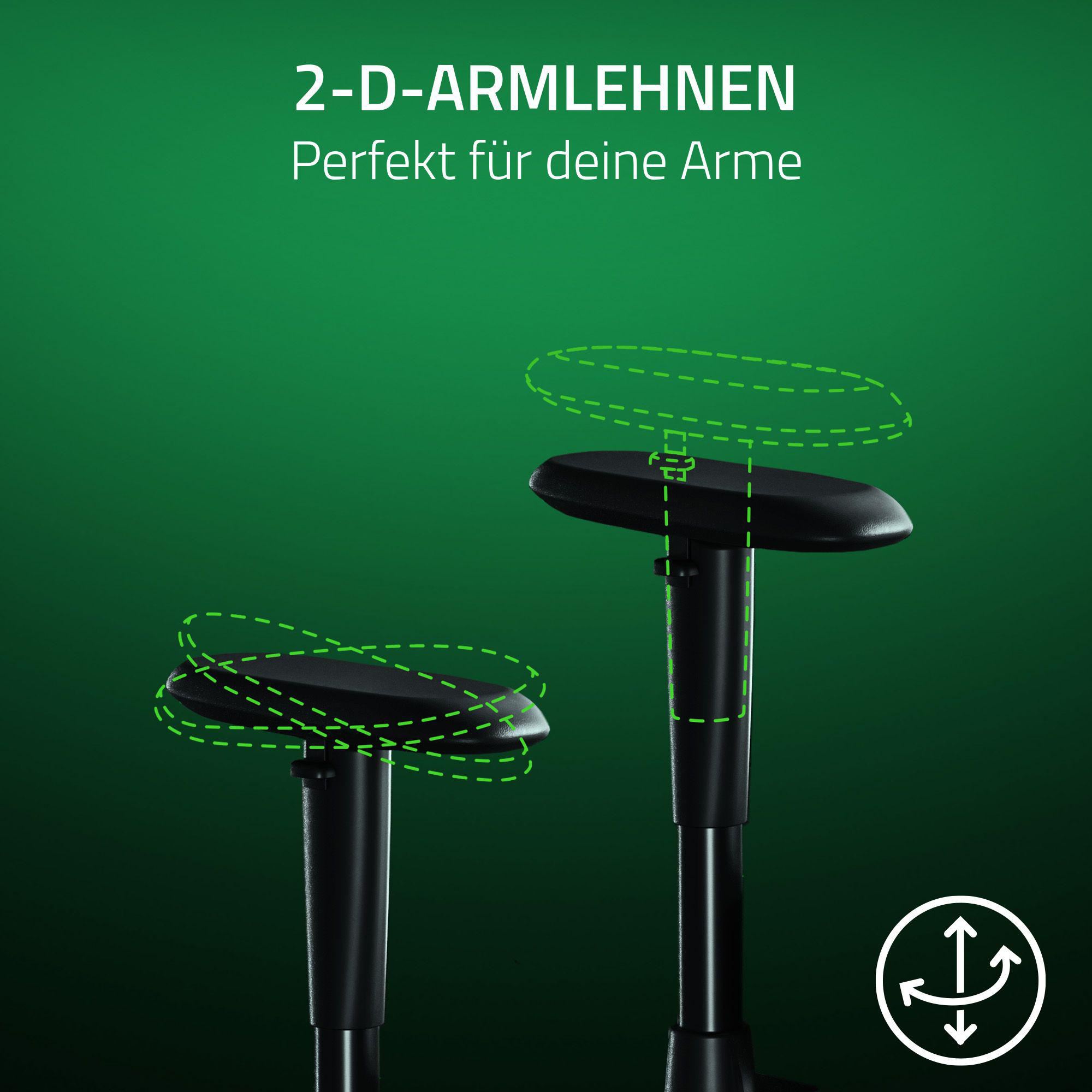 Zwei schwarze Armlehnen mit grünen gepunkteten Linien, die die Bewegung zeigen, auf grünem Hintergrund.