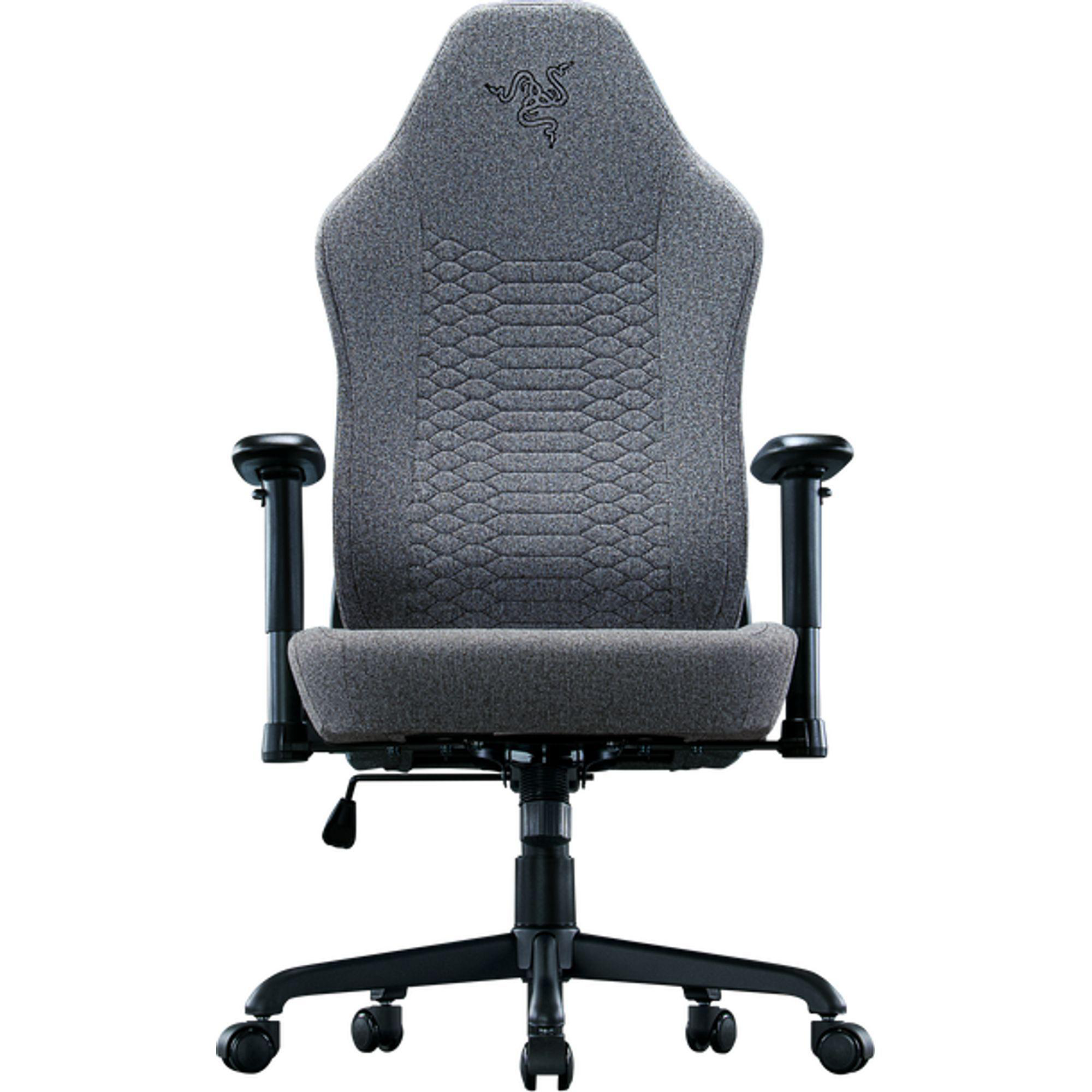 Grauer Razer Gaming-Stuhl. Rücken, Sitz und Armlehnen sichtbar, mit Rollen am Fuß.