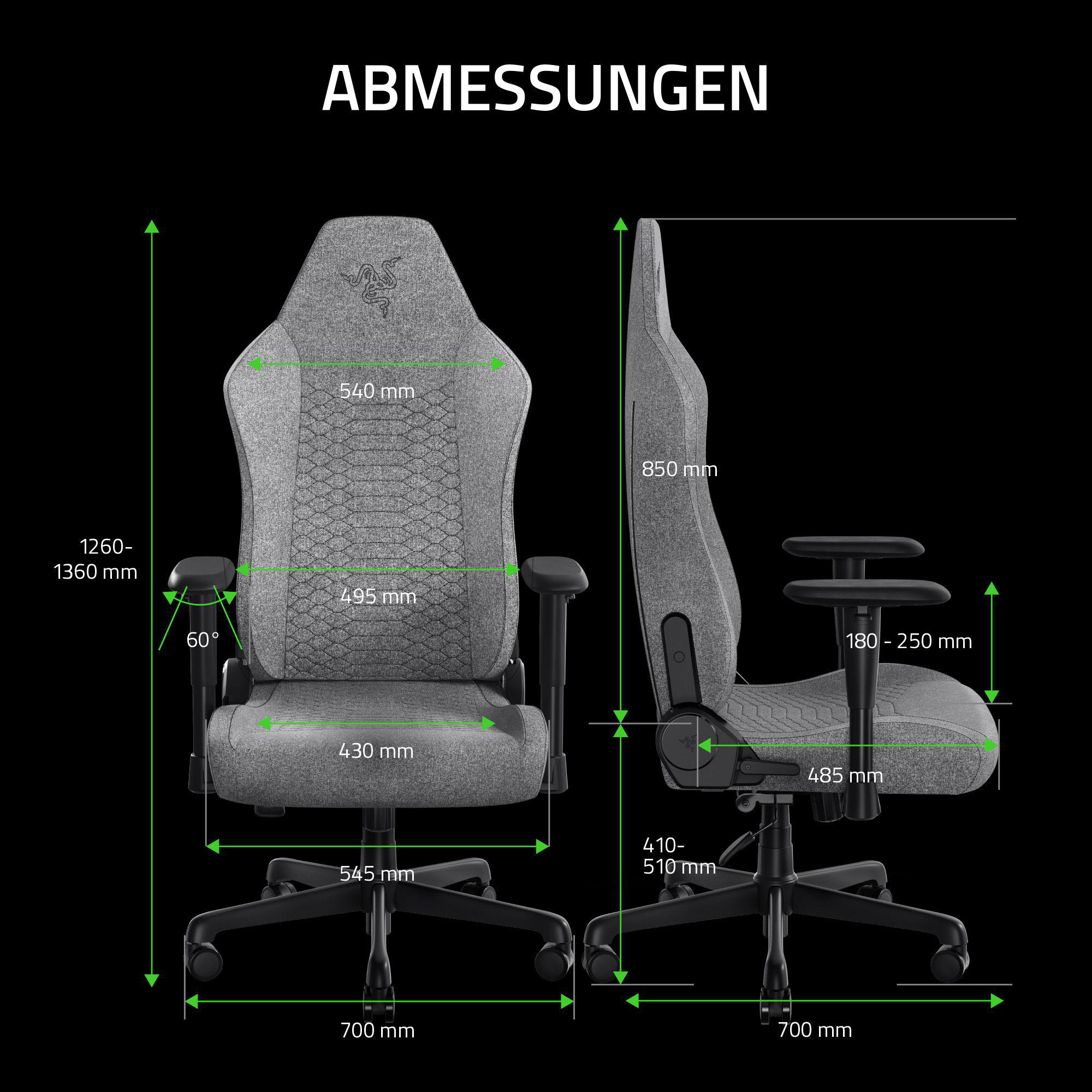 Gaming-Stuhl, Maße gezeigt. Grauer Sitz, schwarzer Rahmen, Razer-Logo.