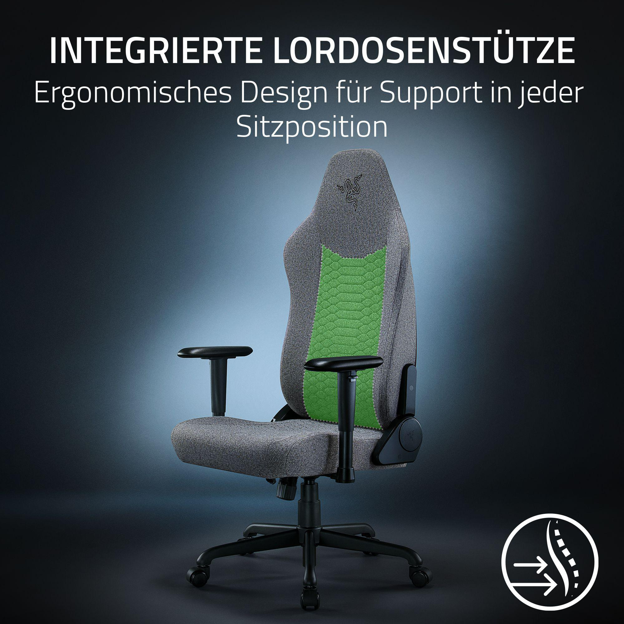 Grauer und grüner ergonomischer Stuhl. Schwarze Armlehnen und Untergestell.