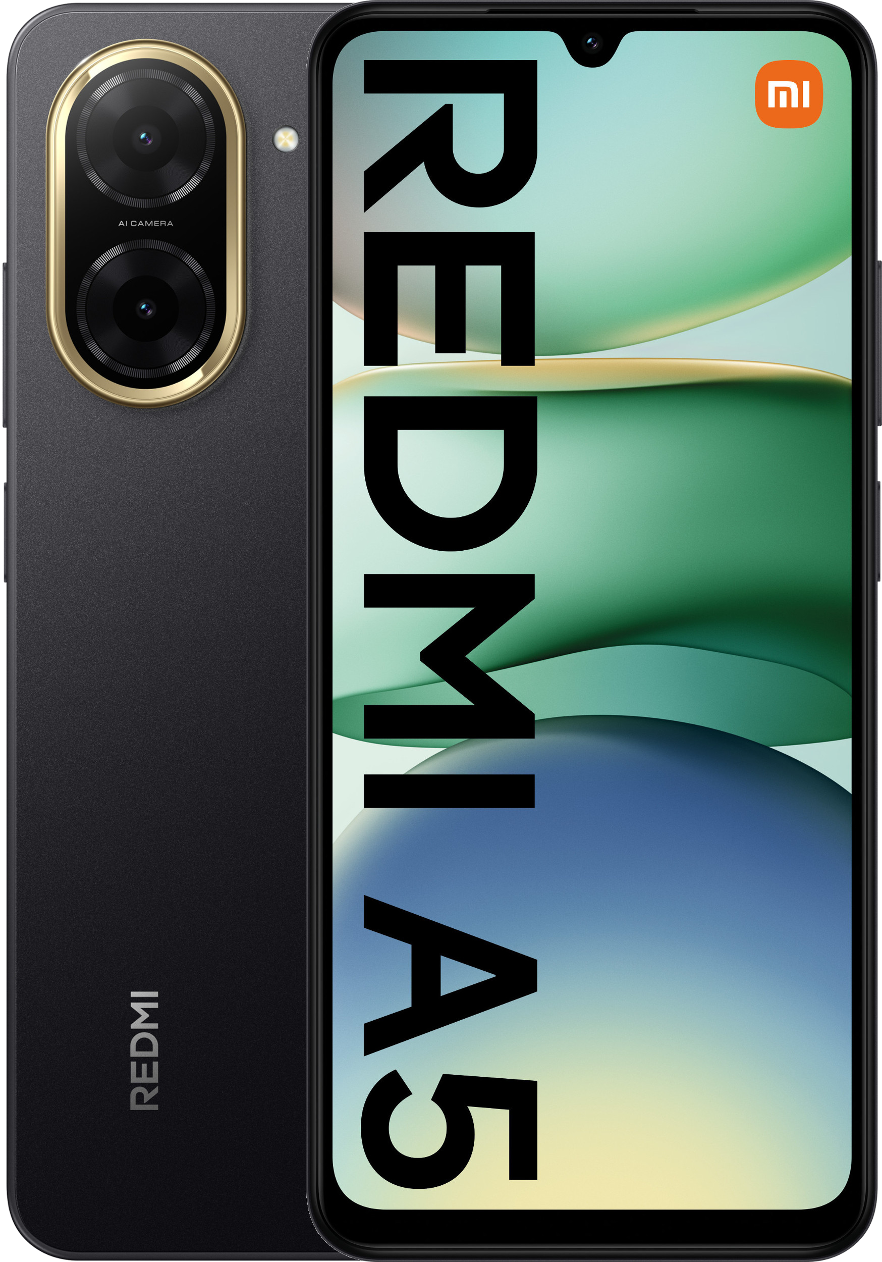 Czarny smartfon Redmi A5 z dwoma aparatami, złotymi akcentami i dużym ekranem.
