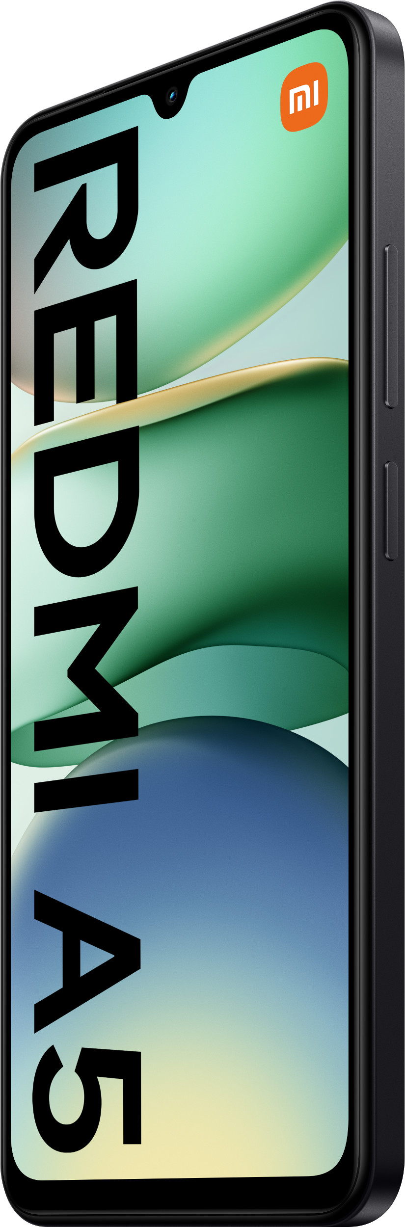 Czarny smartfon Redmi A5 z kolorowym tłem.