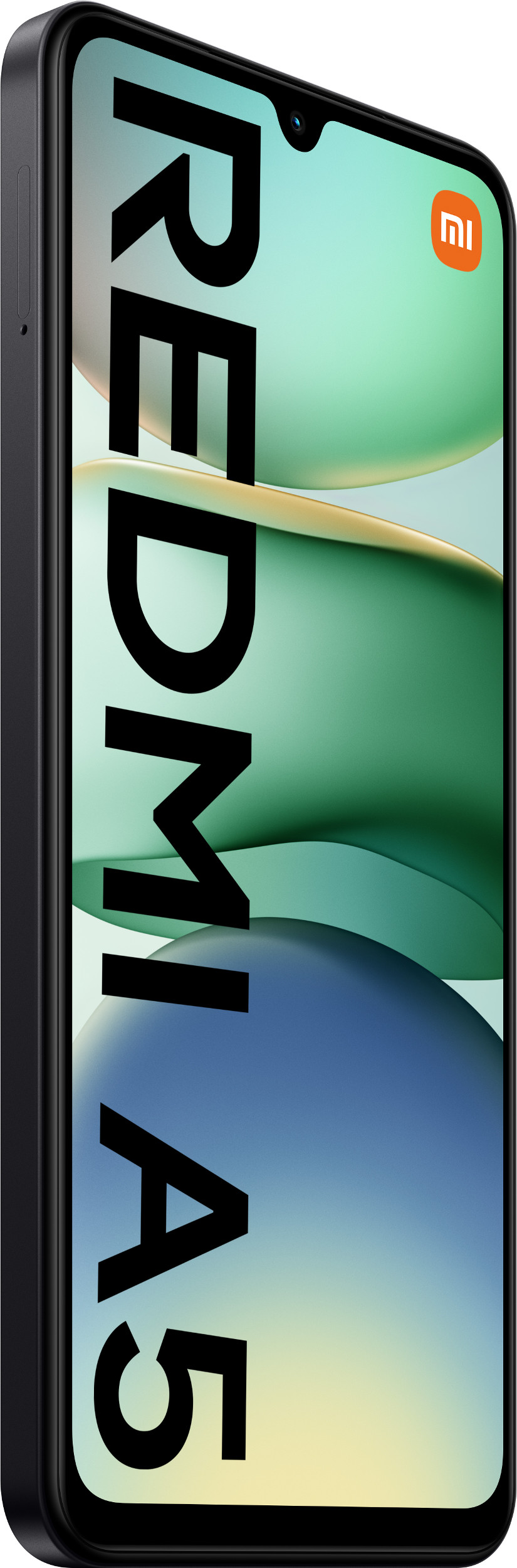 Czarny smartfon Redmi A5 na gradientowym tle.