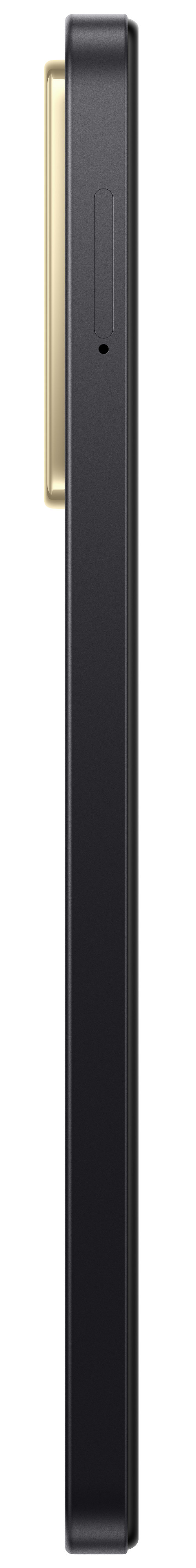 Widok z boku czarnego, prostokątnego urządzenia ze złotym akcentem i małym otworem.