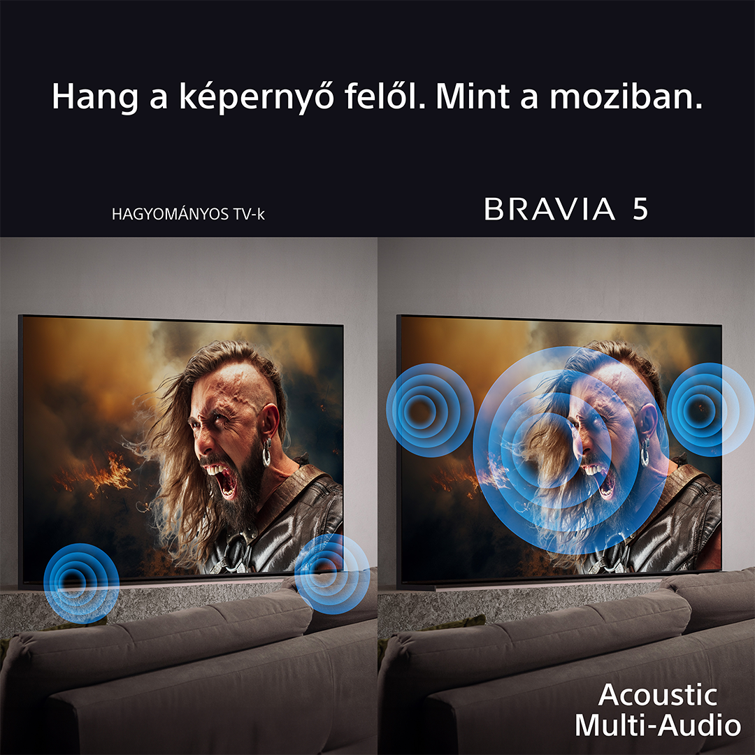 Két TV, melyek egy férfit mutatnak a képernyőről kiinduló hanghullámokkal.