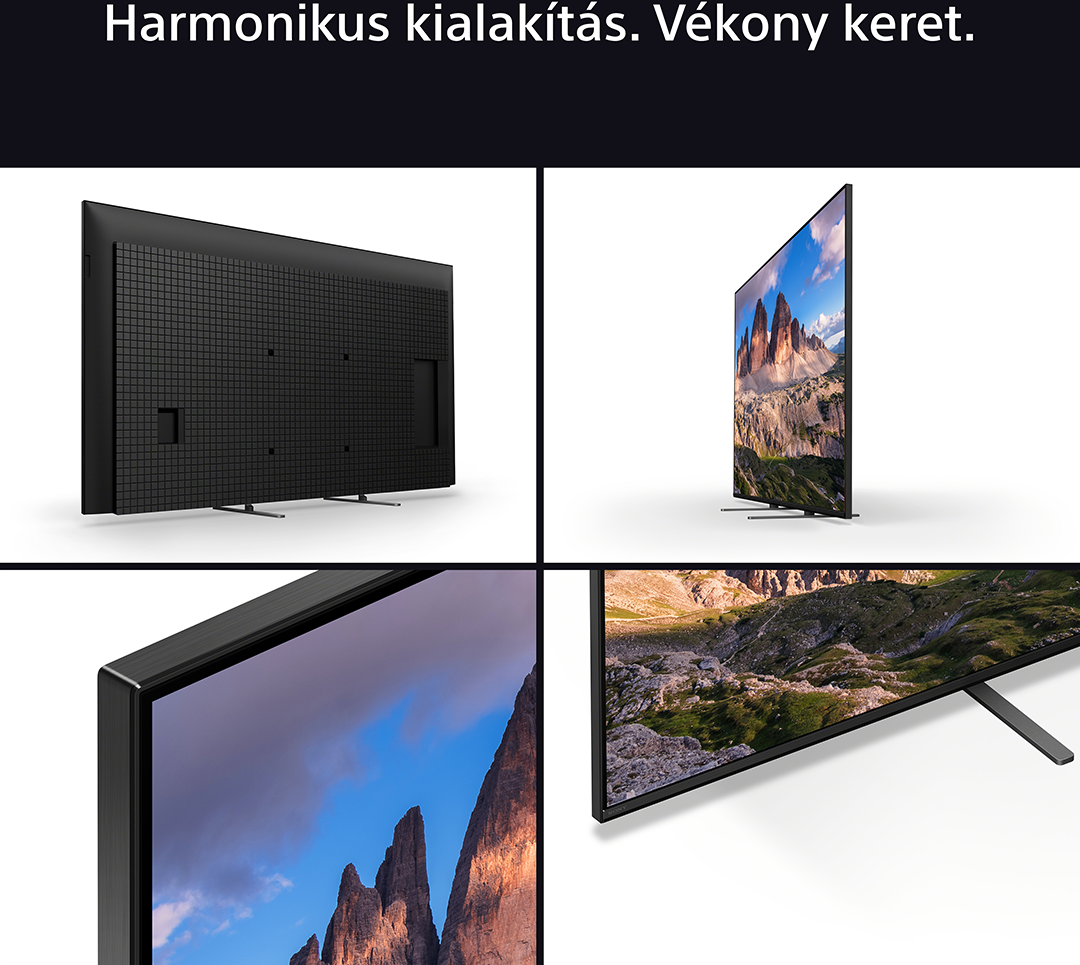 Négy kép egy TV-ről. Hátulja, oldala, sarka és a képernyő közeli képe.