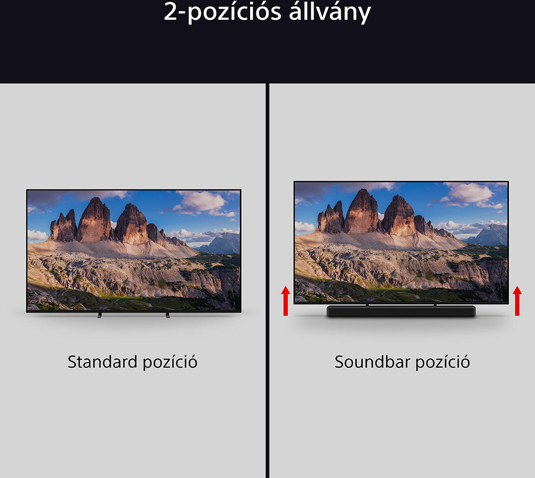 Két egymás melletti TV, egy standard, egy soundbar pozícióban, mindkettő hegyi kilátást mutat.