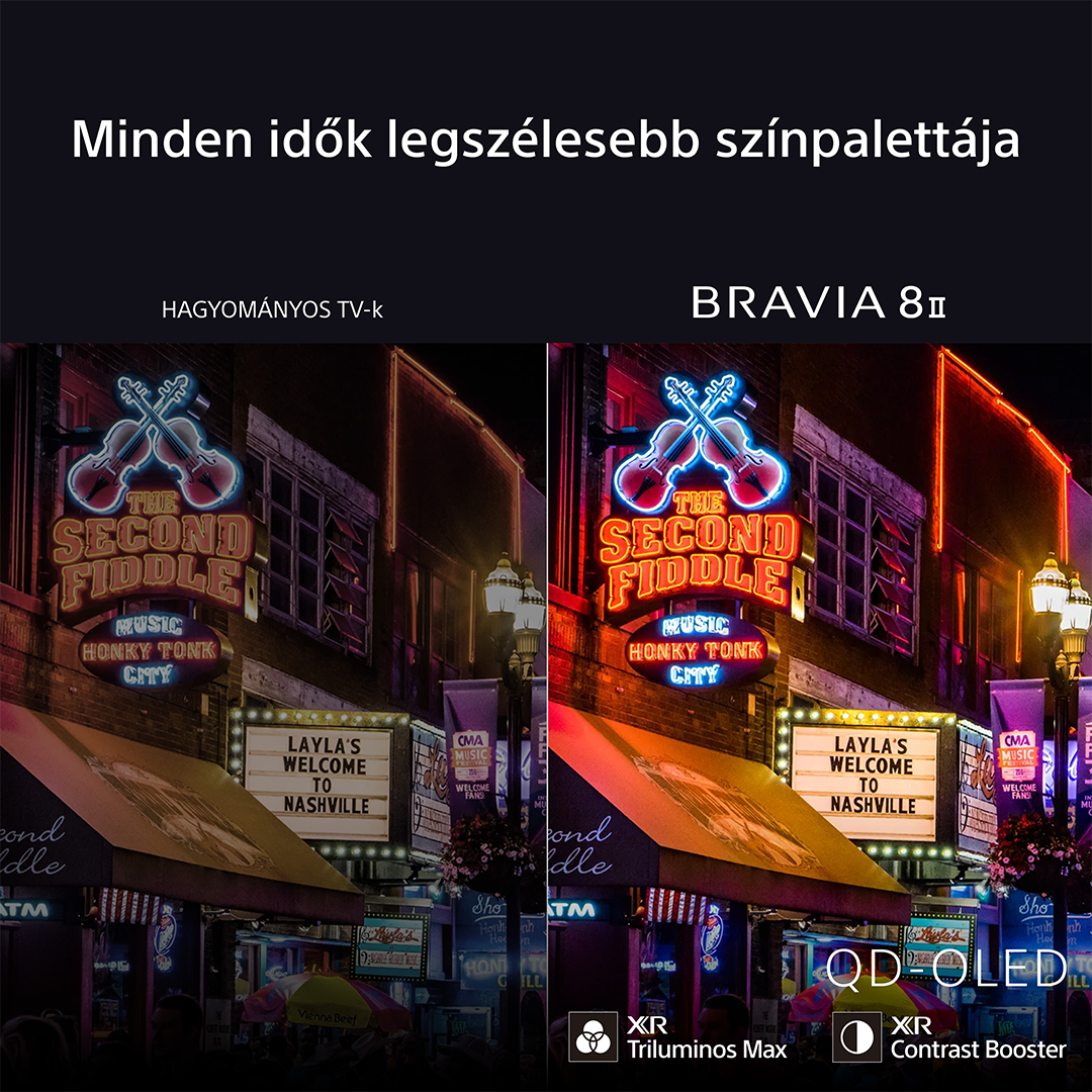 Két TV képernyő összehasonlítása, mely egy városi jelenetet mutat. Az egyik világosabb és színesebb.