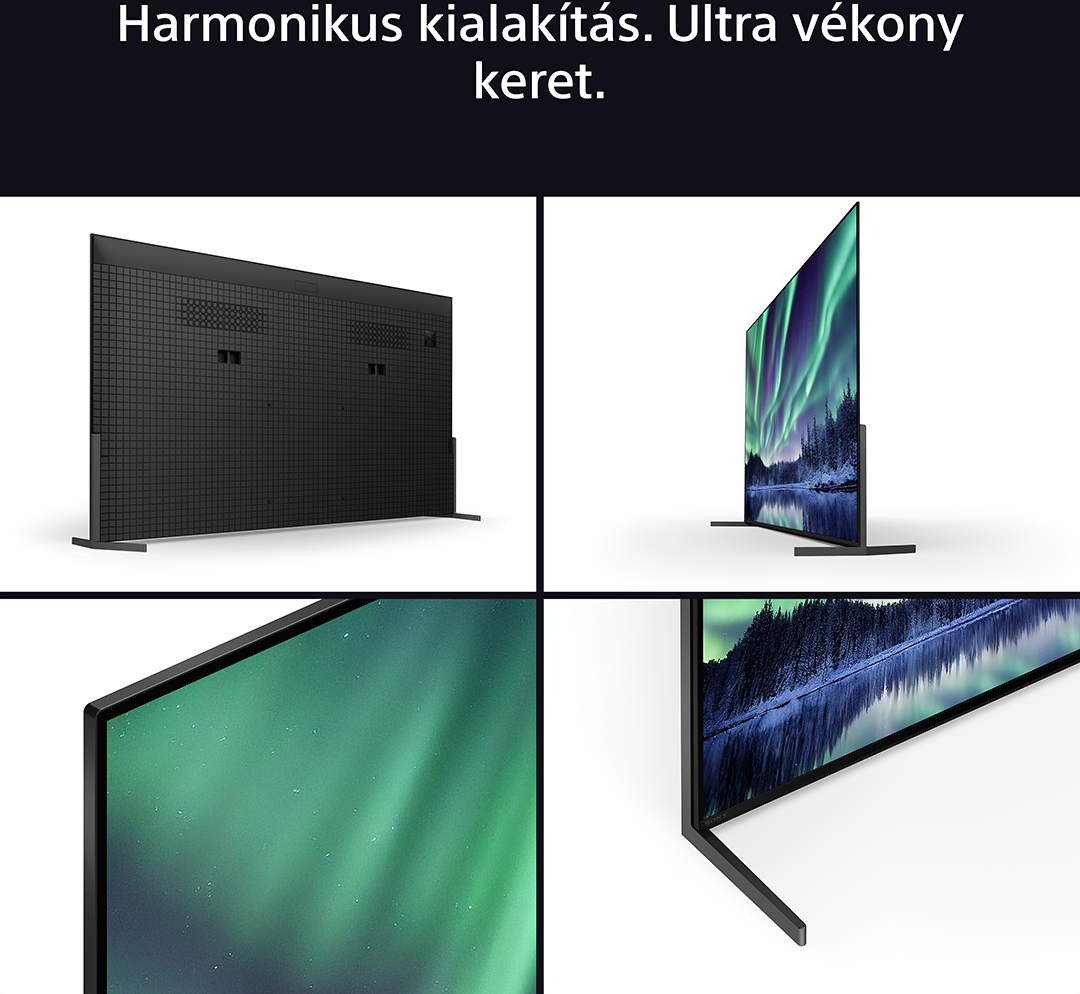 Több nézet egy fekete TV-ről, amely egy északi fény jelenetet mutat, fehér háttérrel.