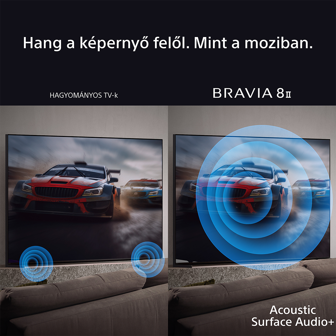 Két kép egy TV képernyőjéről versenyautókkal. Hanghullámok jönnek a TV-ből. Szöveg: Bravia 8.