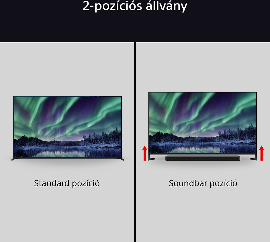 Két TV egymás mellett. Az egyik egy normál pozíciót, a másik egy soundbar pozíciót mutat. Mindkettő egy éjszakai jelenetet mutat.