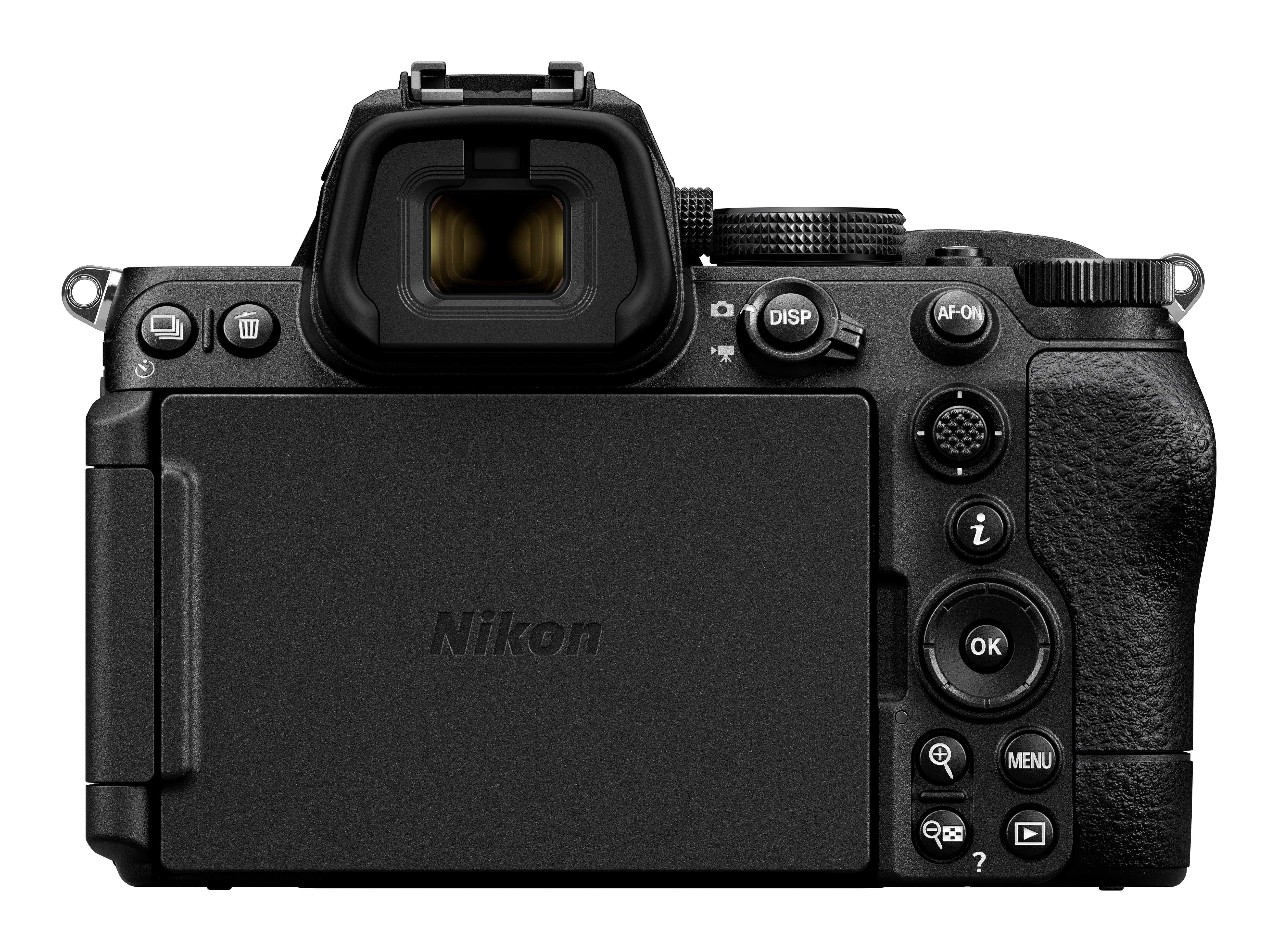 Rückseite einer schwarzen Nikon-Kamera mit Knöpfen, einem Bildschirm und einem Sucher. Nikon-Logo sichtbar.