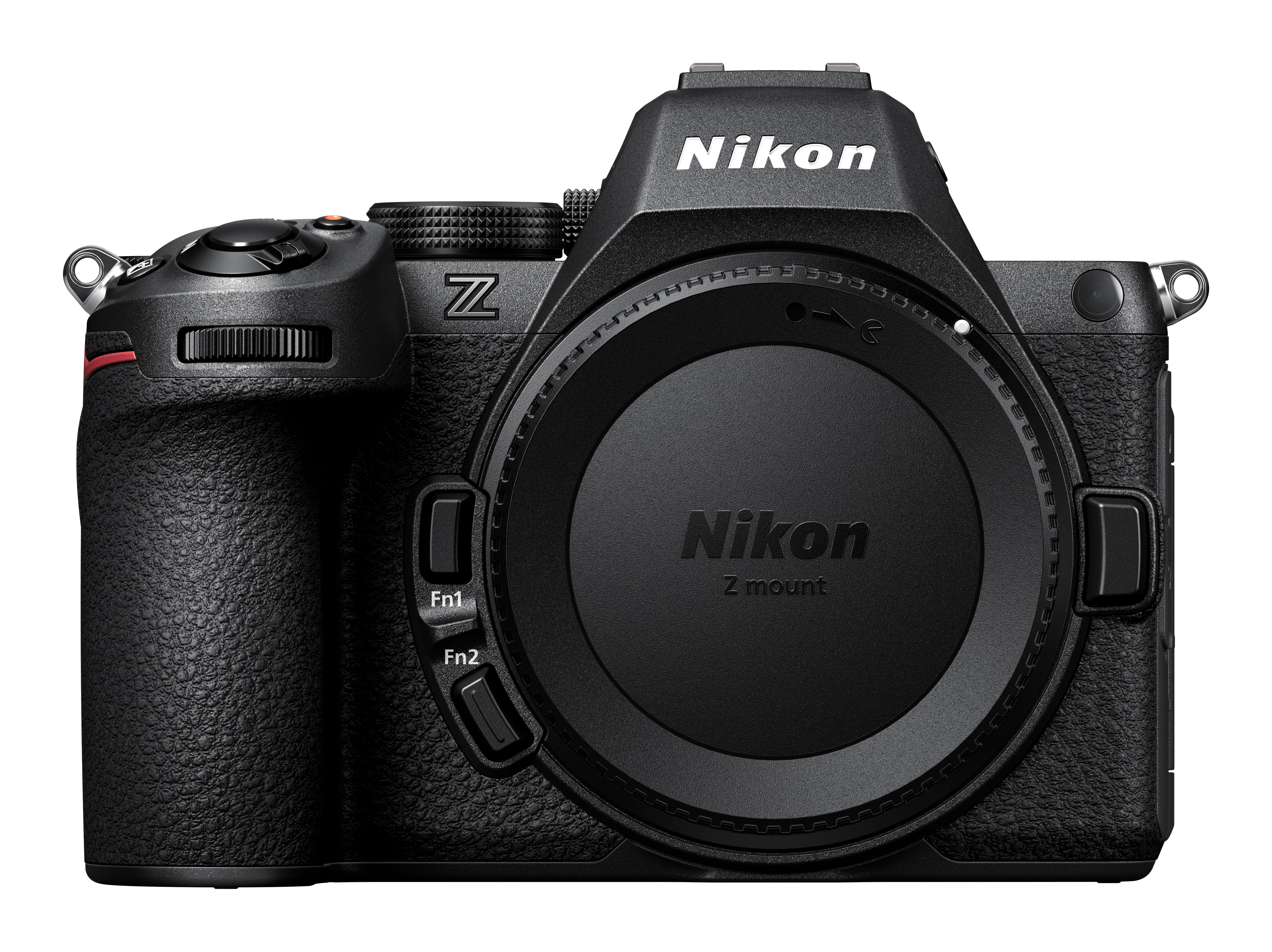 Schwarze Nikon-Kamera mit Objektiv und Bedienelementen.