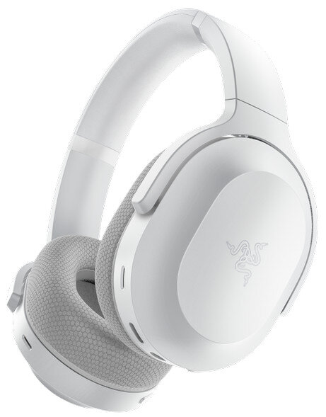 Białe słuchawki Razer z szarymi nausznicami i logo Razer.