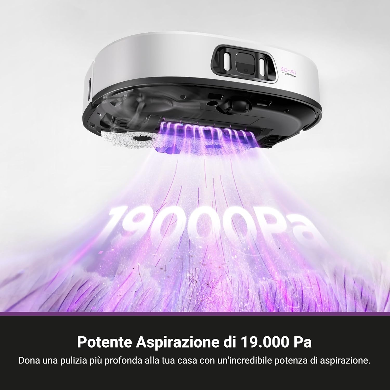 Un aspirapolvere robot bianco con effetto luce viola e testo sovrapposto, che pubblicizza la potenza.