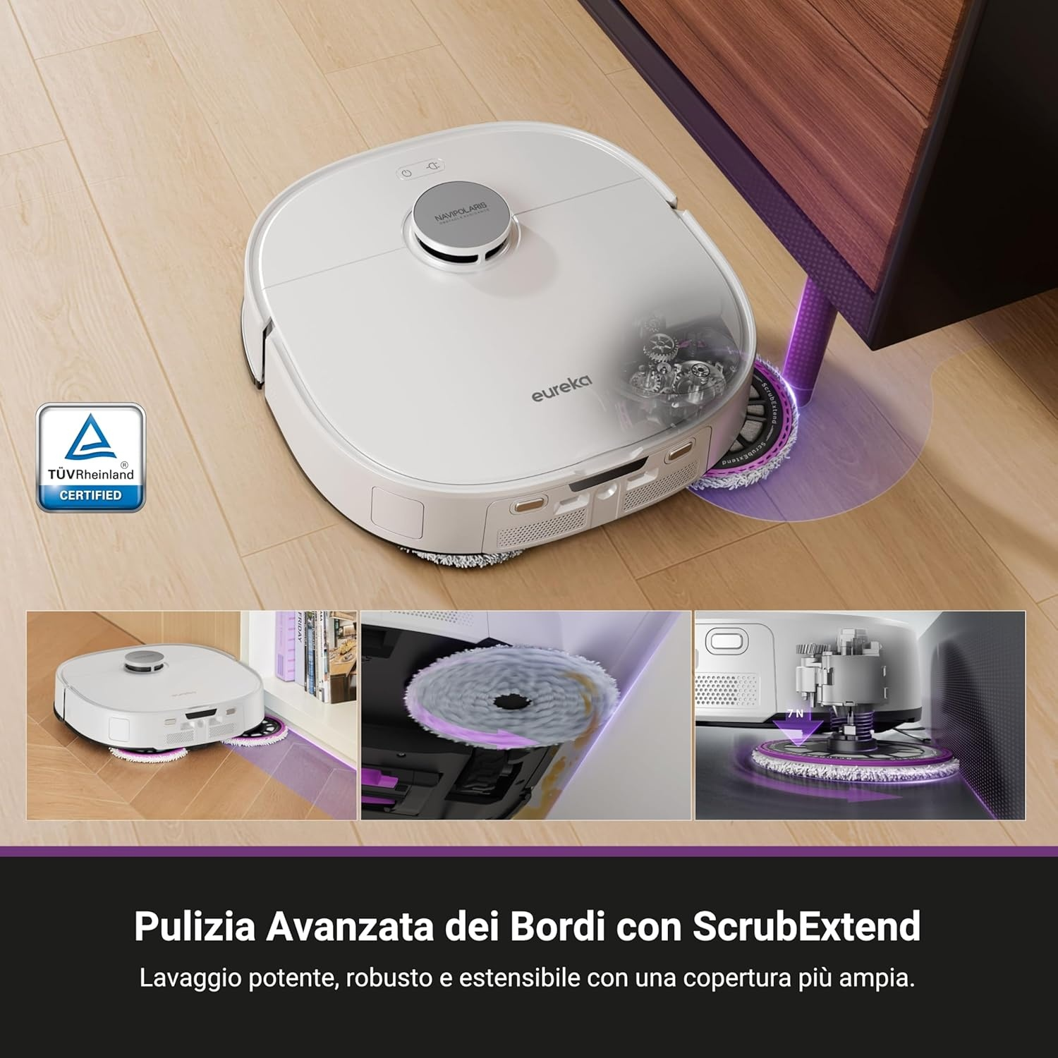 Un aspirapolvere robotico bianco su un pavimento di legno, con viste ravvicinate dei componenti di pulizia.