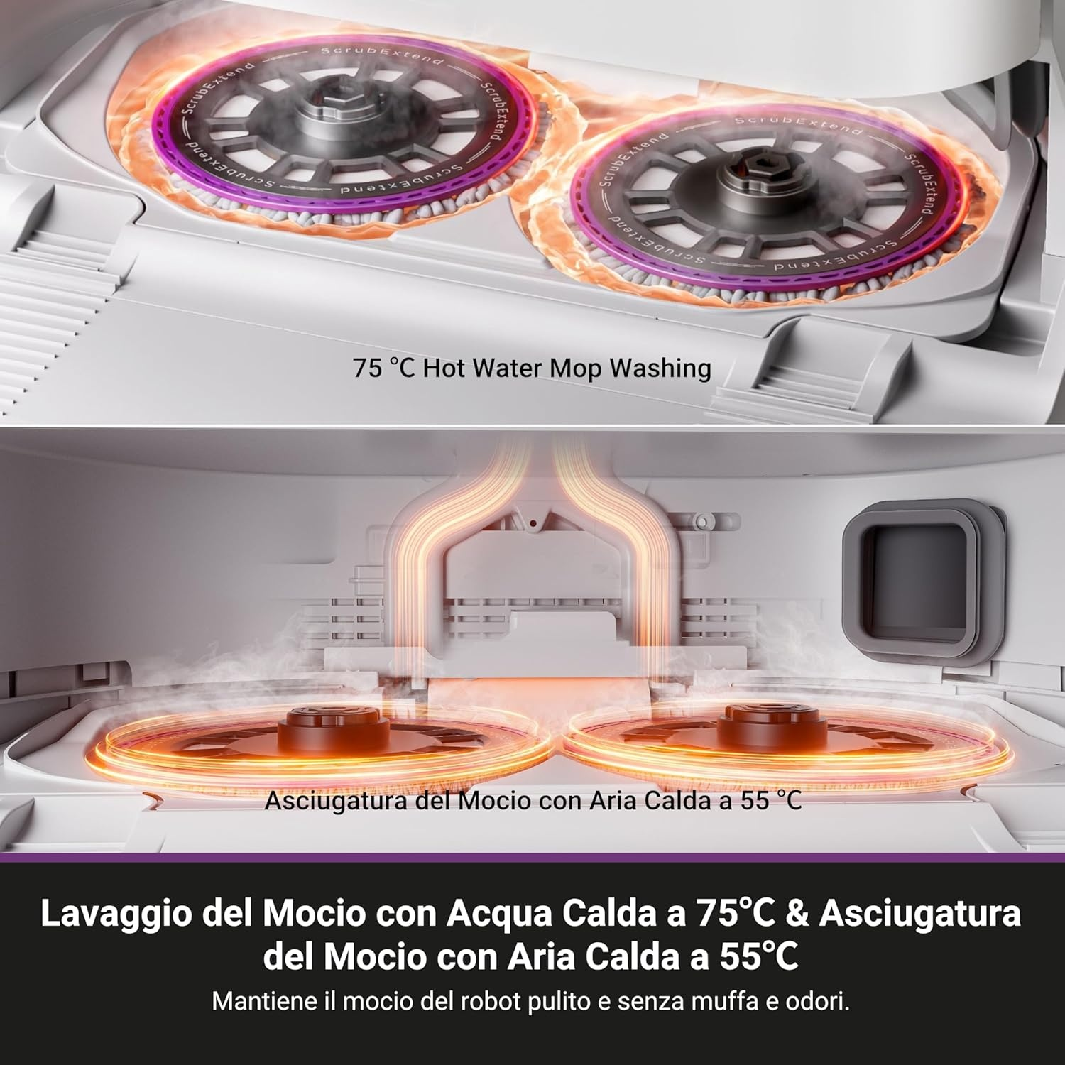 Primo piano del sistema di lavaggio e asciugatura di un robot per la pulizia con due tamponi rotanti.