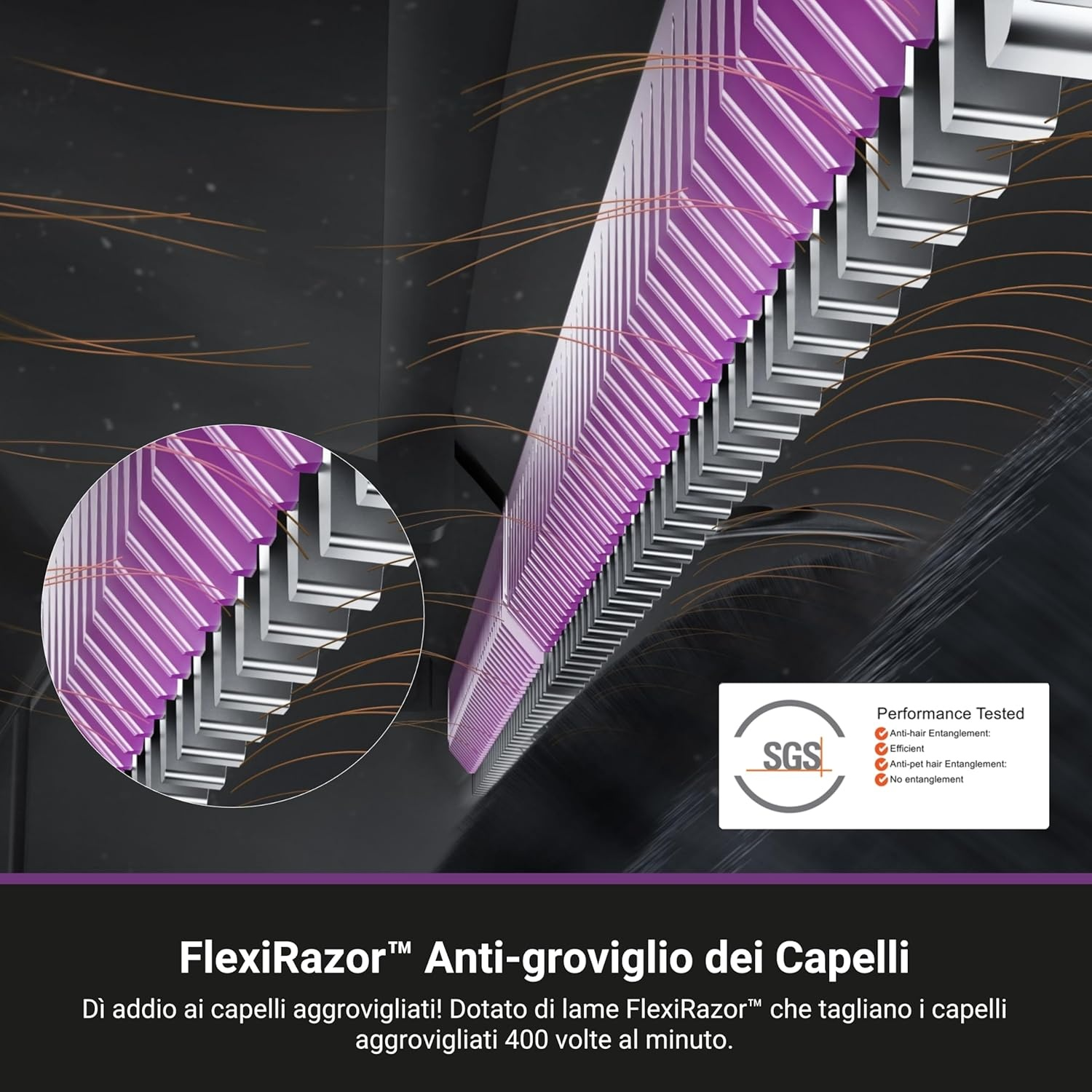 Primo piano di un FlexiRazor con lame viola. Viene mostrato un grafico di test delle prestazioni.