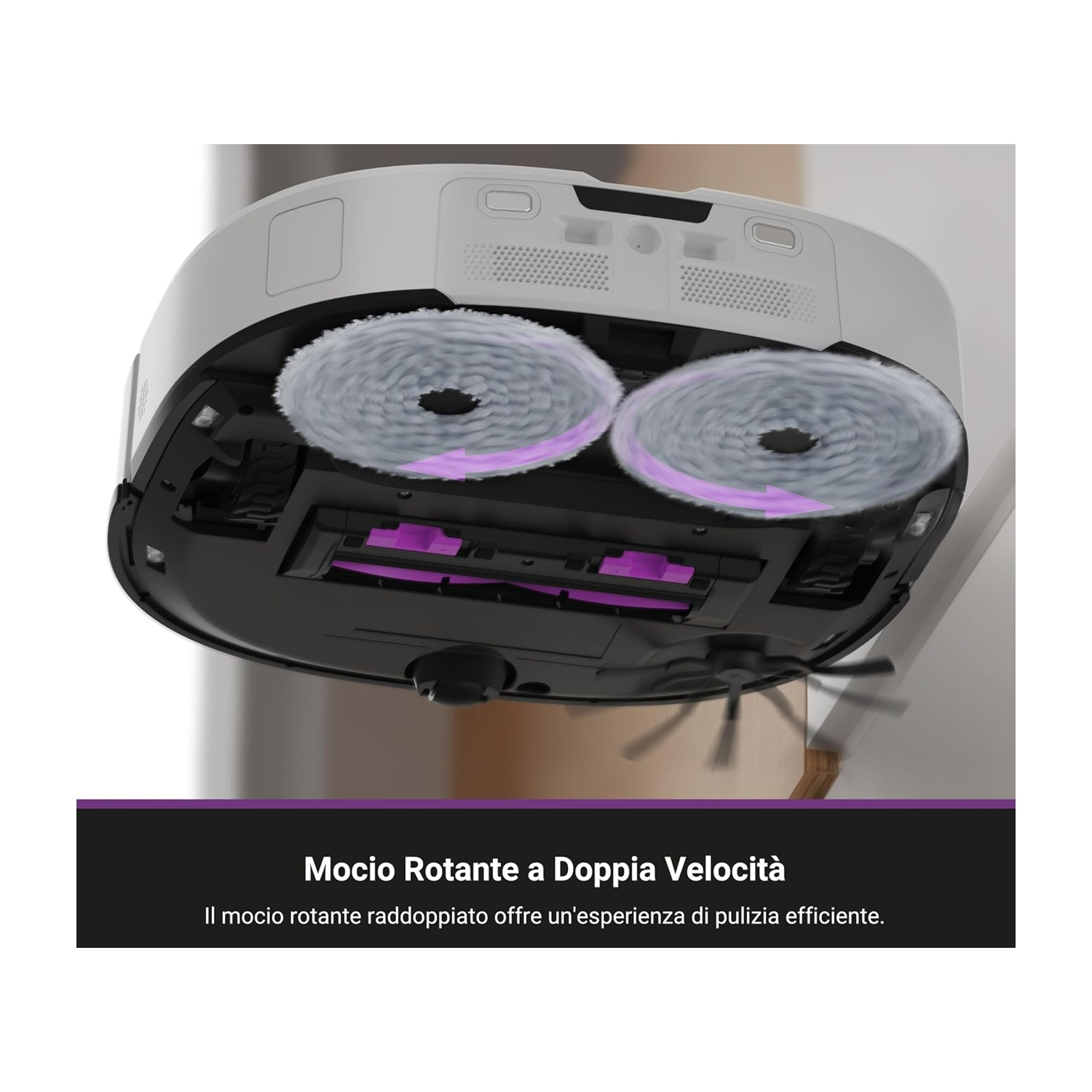 Base di un robot aspirapolvere che mostra spazzole rotanti con frecce viola. La vista dal basso.