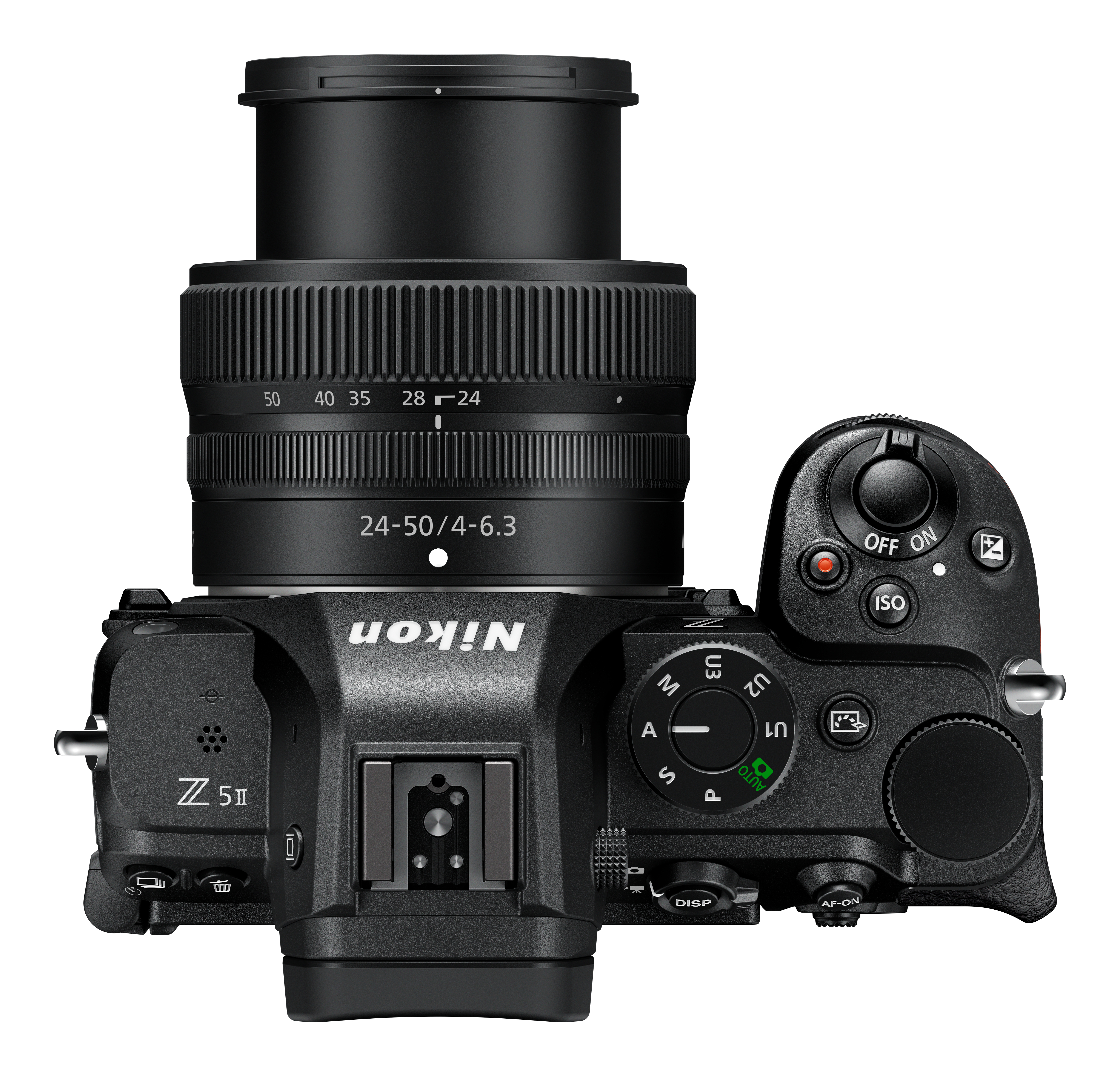 Draufsicht auf eine schwarze Nikon Z 5II Kamera mit Objektiv, Knöpfen und Rädern sichtbar.